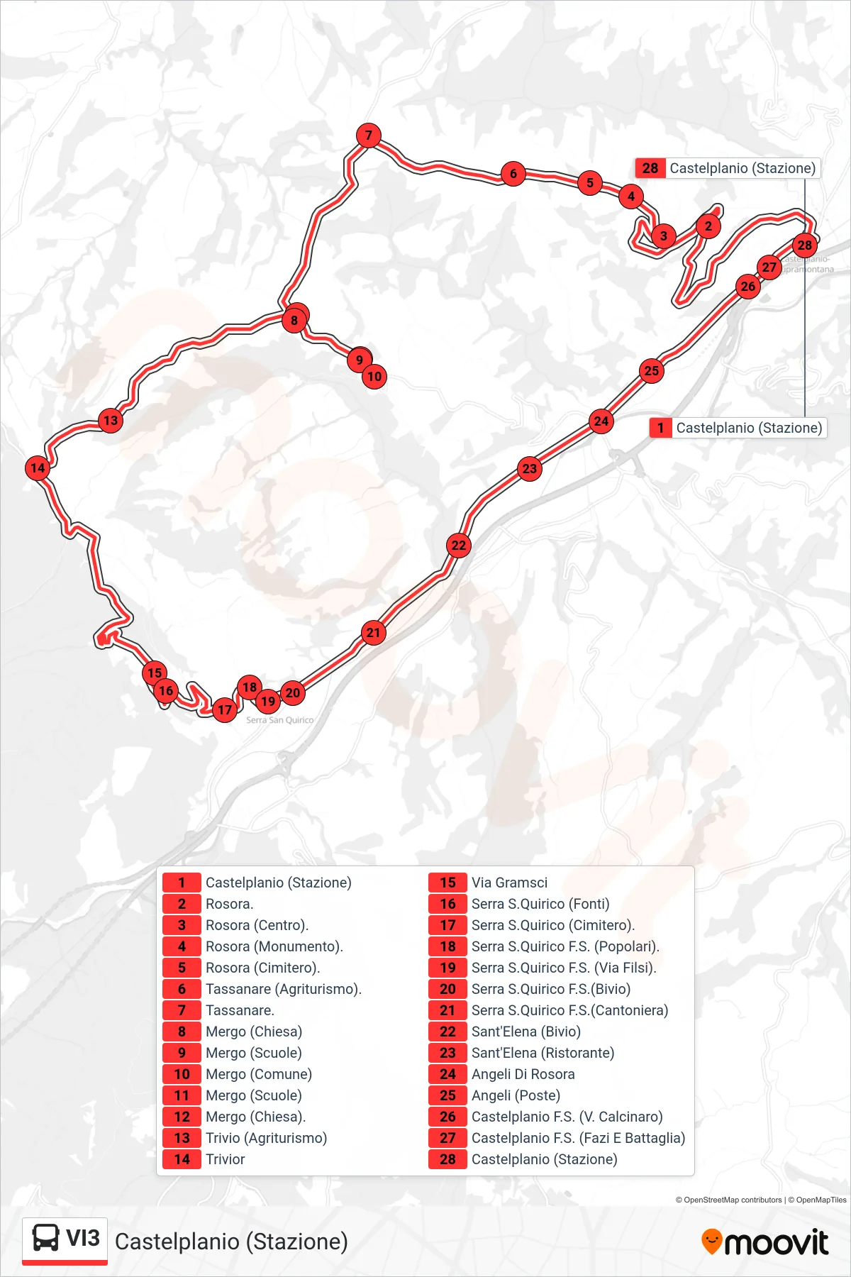 Linea VI3 bus (Castelplanio (Stazione)) - Percorsi e fermate sulla mappa