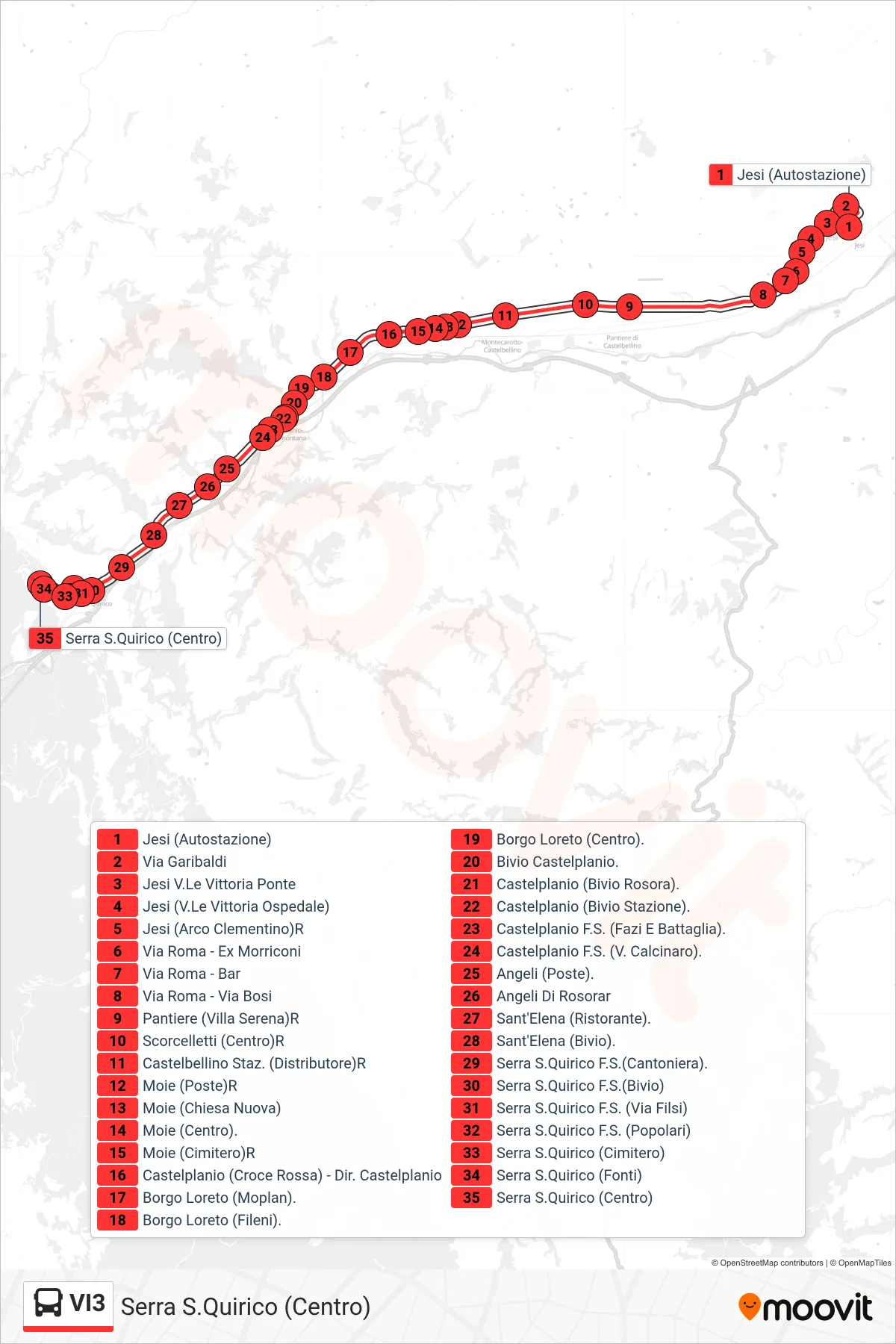 Linea VI3 bus (Serra S.Quirico (Centro)) - Percorsi e fermate sulla mappa