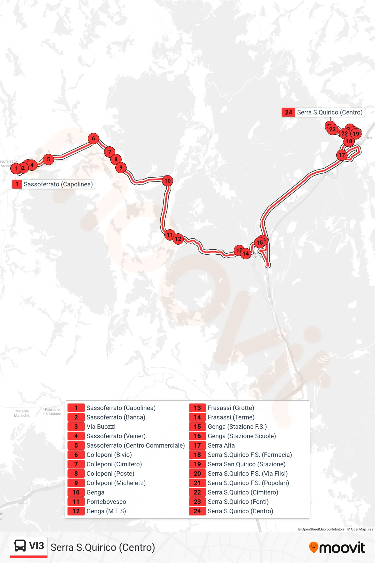 Linea VI3 bus (Serra S.Quirico (Centro)) - Percorsi e fermate sulla mappa