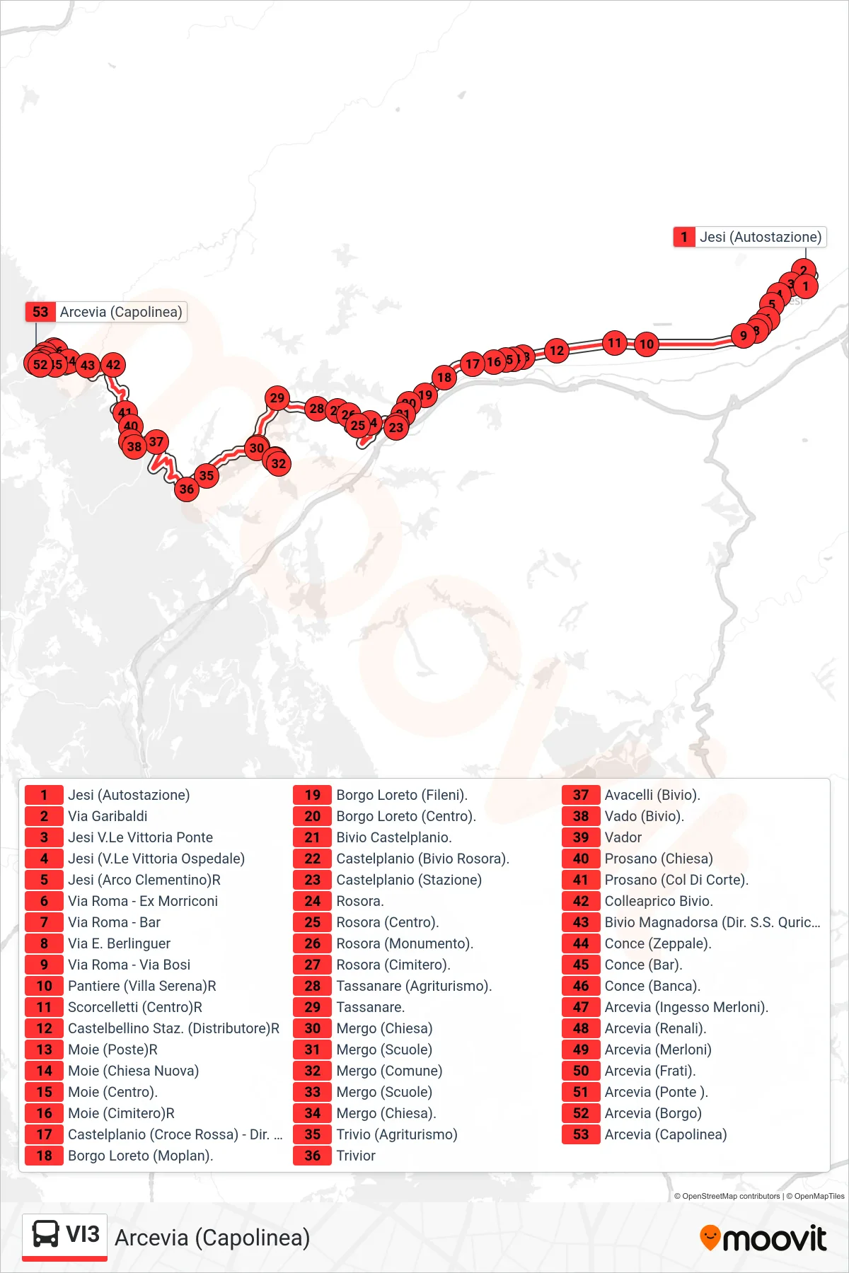 Linea VI3  bus (Arcevia (Capolinea)) - Percorsi e fermate sulla mappa
