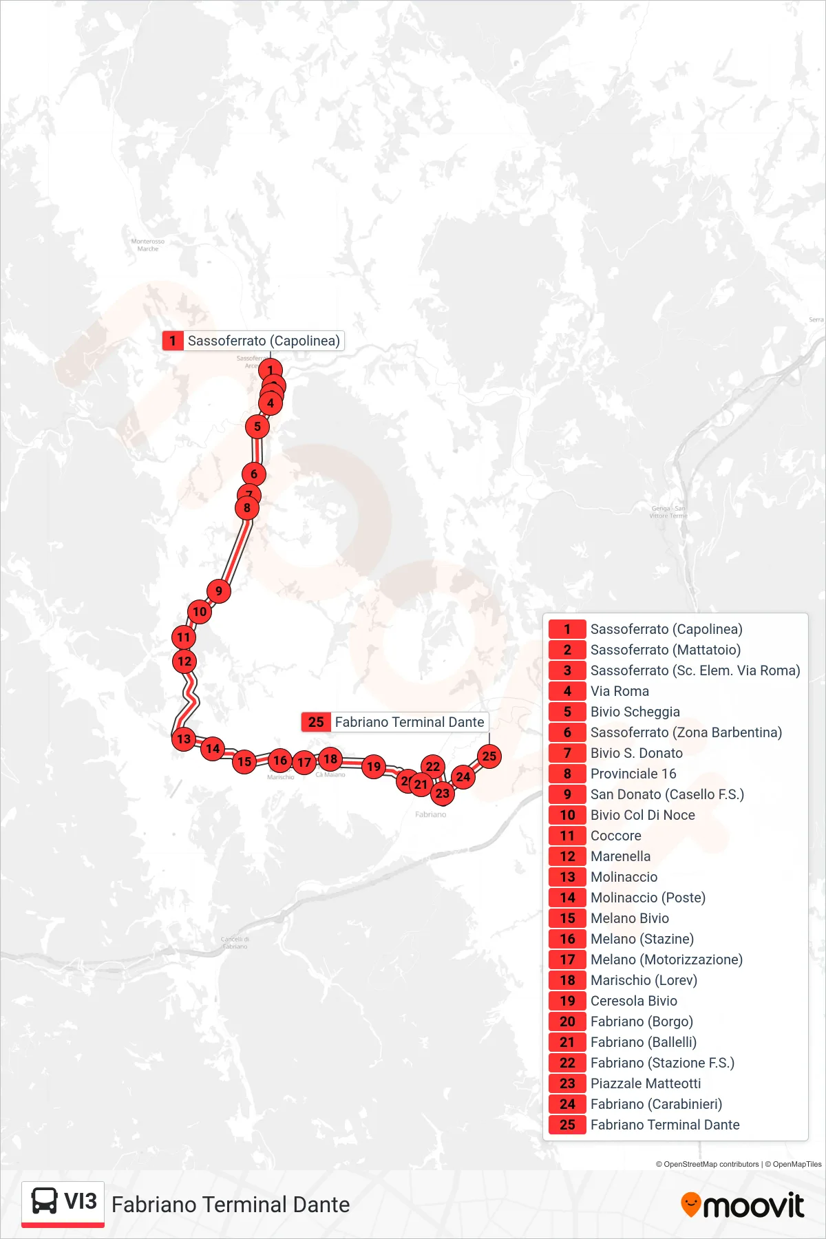 Linea VI3 bus (Fabriano Terminal Dante) - Percorsi e fermate sulla mappa