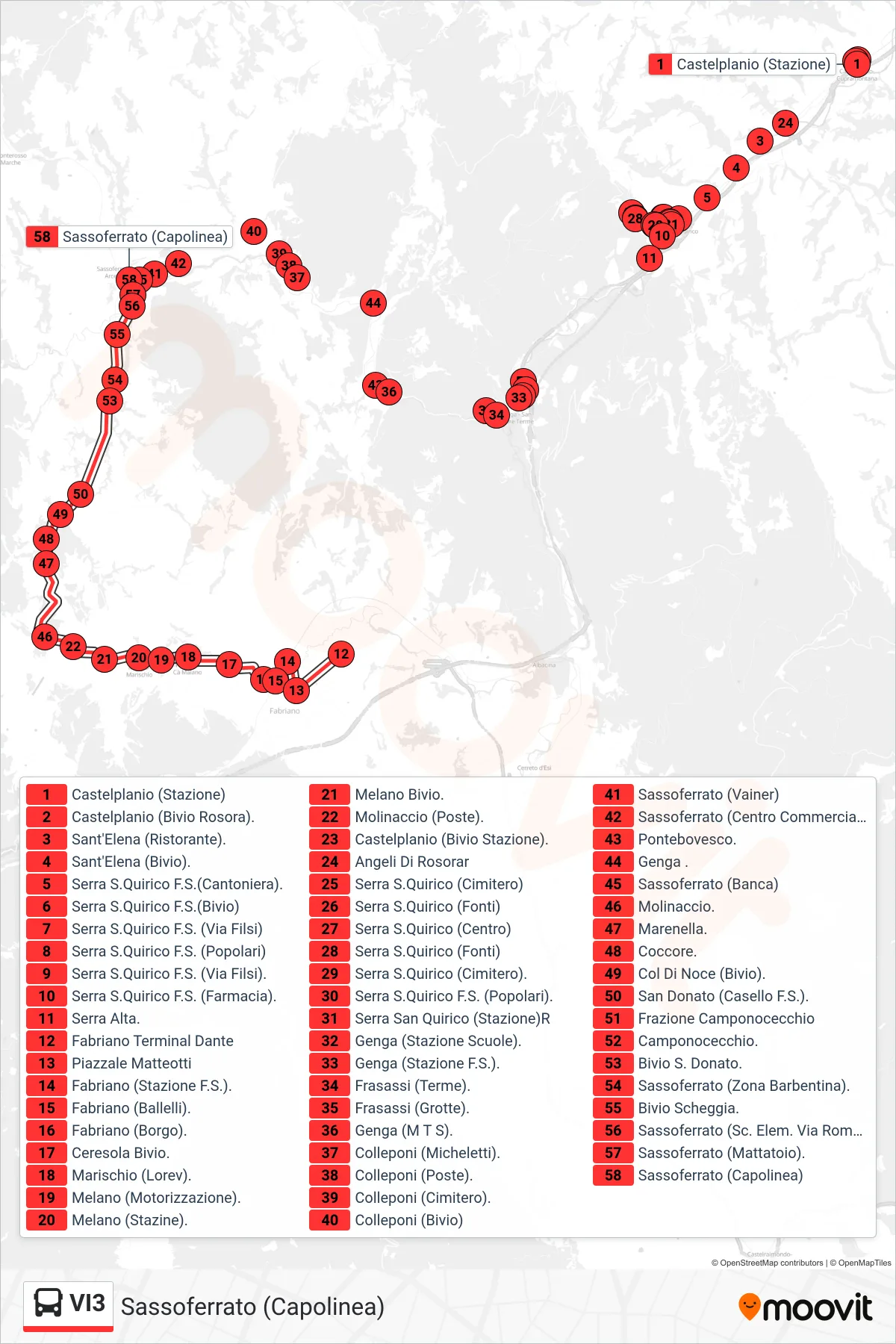 Linea VI3  bus (Sassoferrato (Capolinea)) - Percorsi e fermate sulla mappa