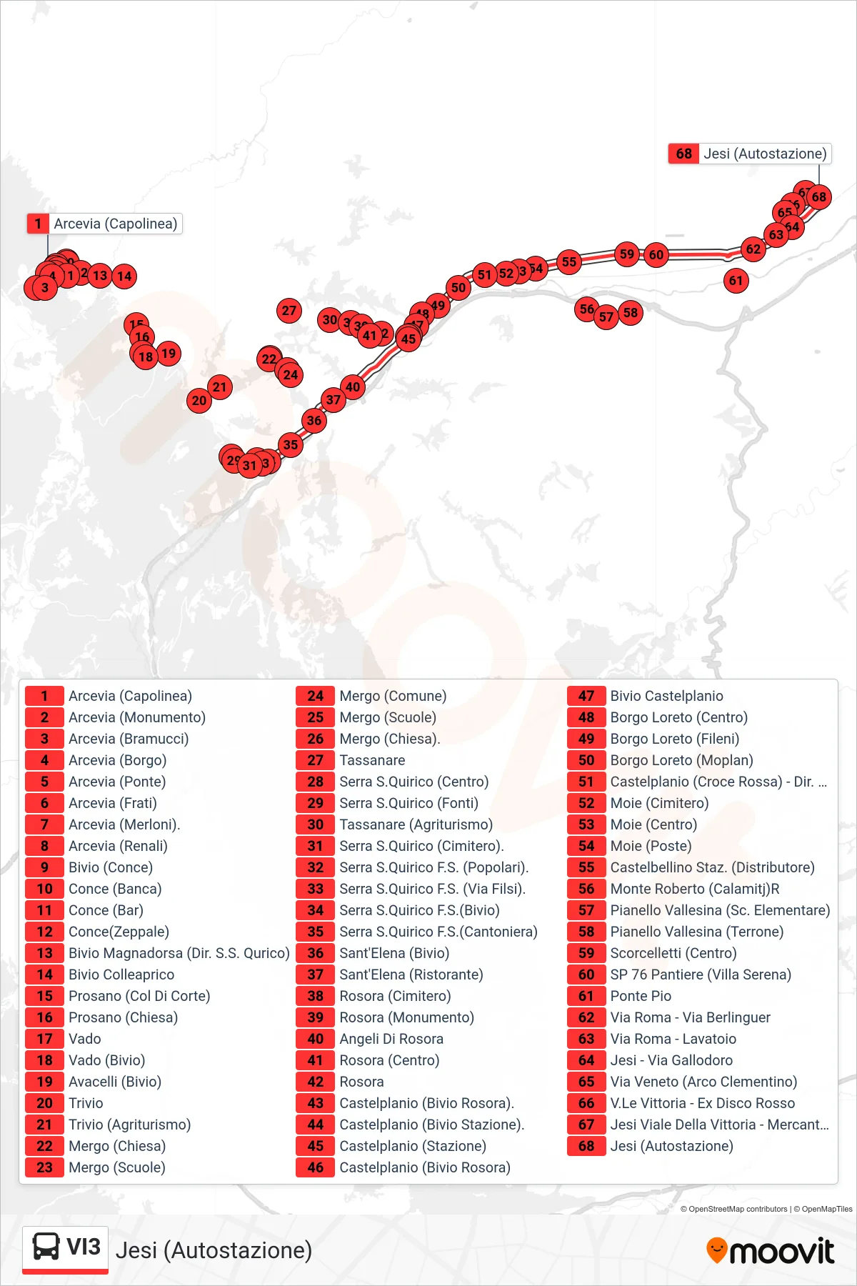 Linea VI3 bus (Jesi (Autostazione)) - Percorsi e fermate sulla mappa