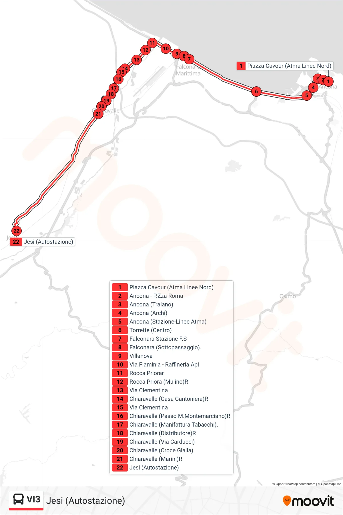 Linea VI3  bus (Jesi (Autostazione)) - Percorsi e fermate sulla mappa