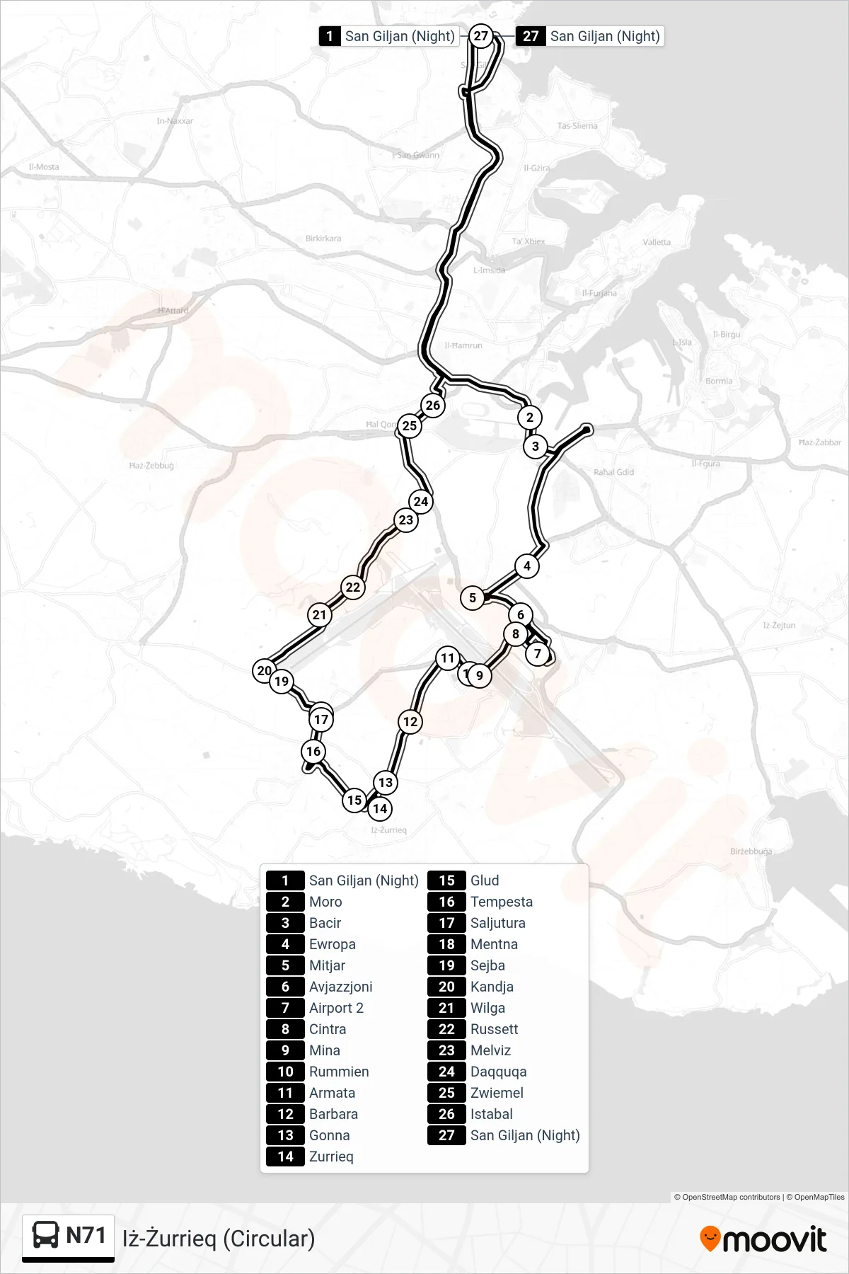 Linea N71  bus (Iż-Żurrieq (Circular)) - Percorsi e fermate sulla mappa