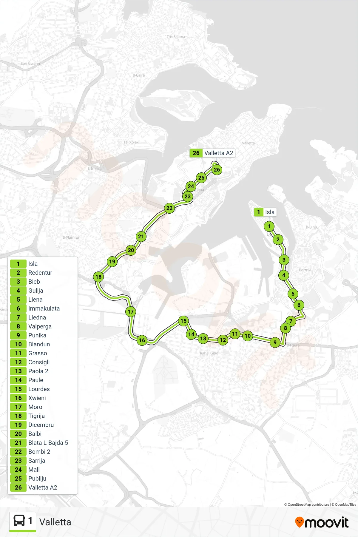 Linea 1 bus (Valletta) - Percorsi e fermate sulla mappa