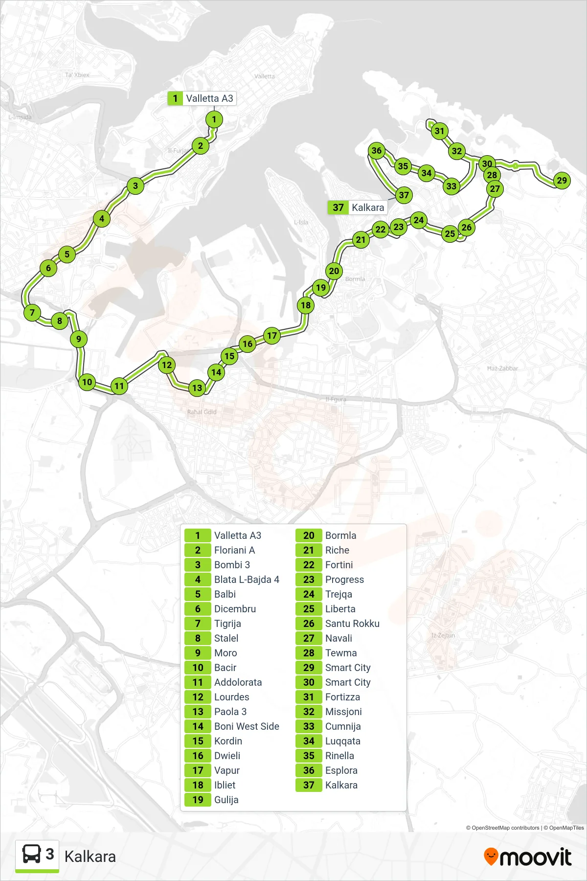 Linea 3  bus (Kalkara) - Percorsi e fermate sulla mappa