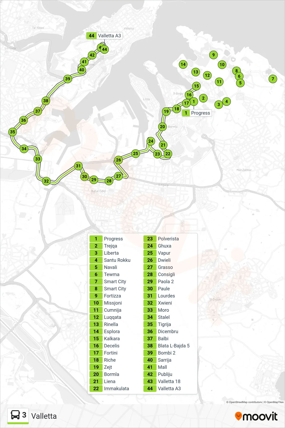 Linea 3 bus (Valletta) - Percorsi e fermate sulla mappa