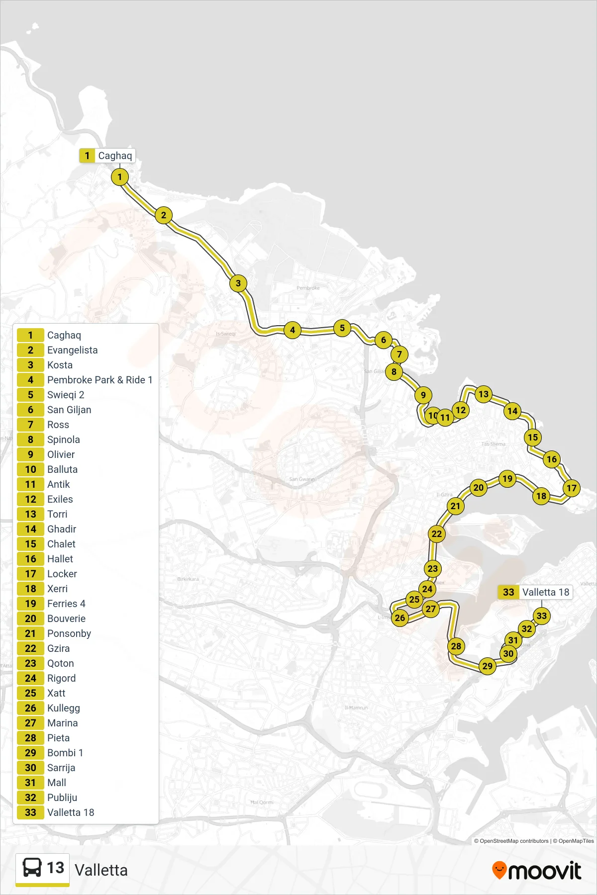 Linea 13 bus (Valletta) - Percorsi e fermate sulla mappa