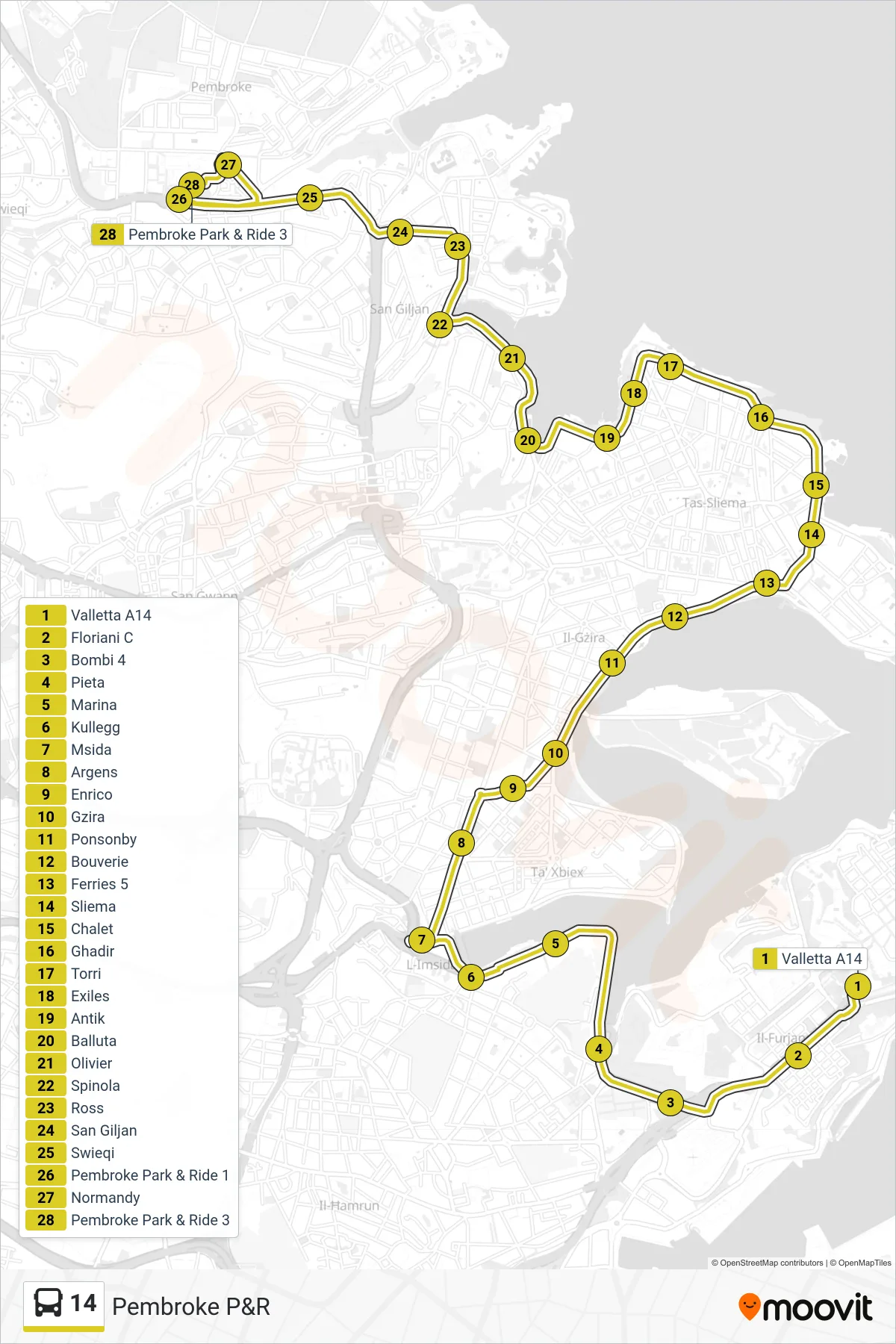 Linea 14 bus (Pembroke P&R) - Percorsi e fermate sulla mappa