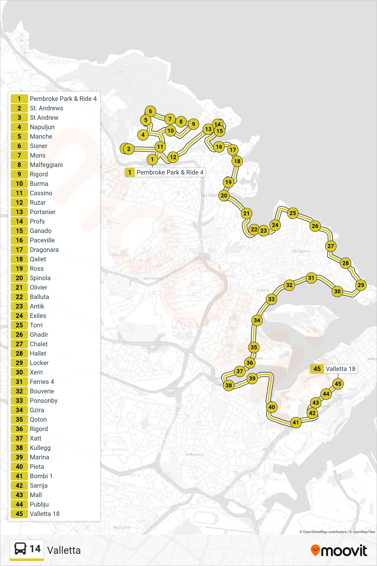 Linea 14 bus (Valletta) - Percorsi e fermate sulla mappa