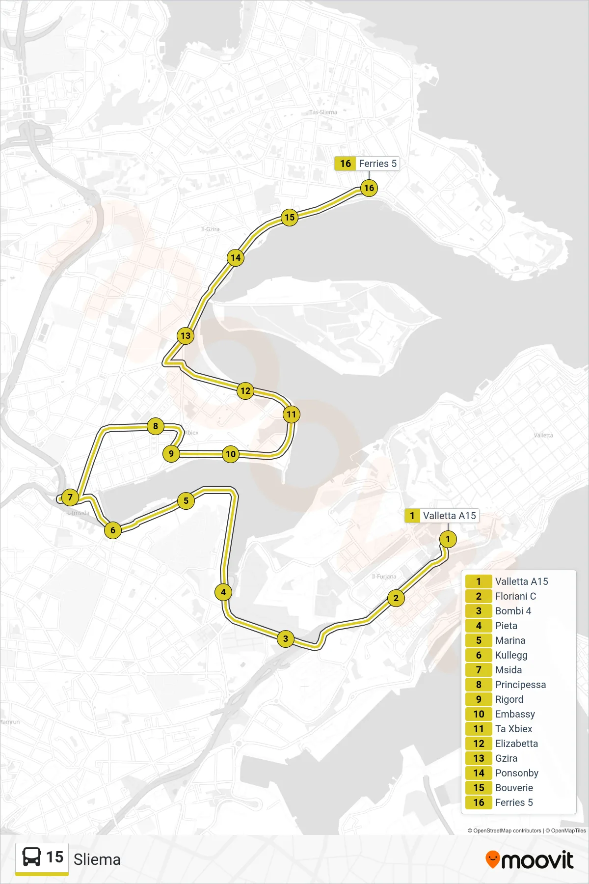 Linea 15 bus (Sliema) - Percorsi e fermate sulla mappa