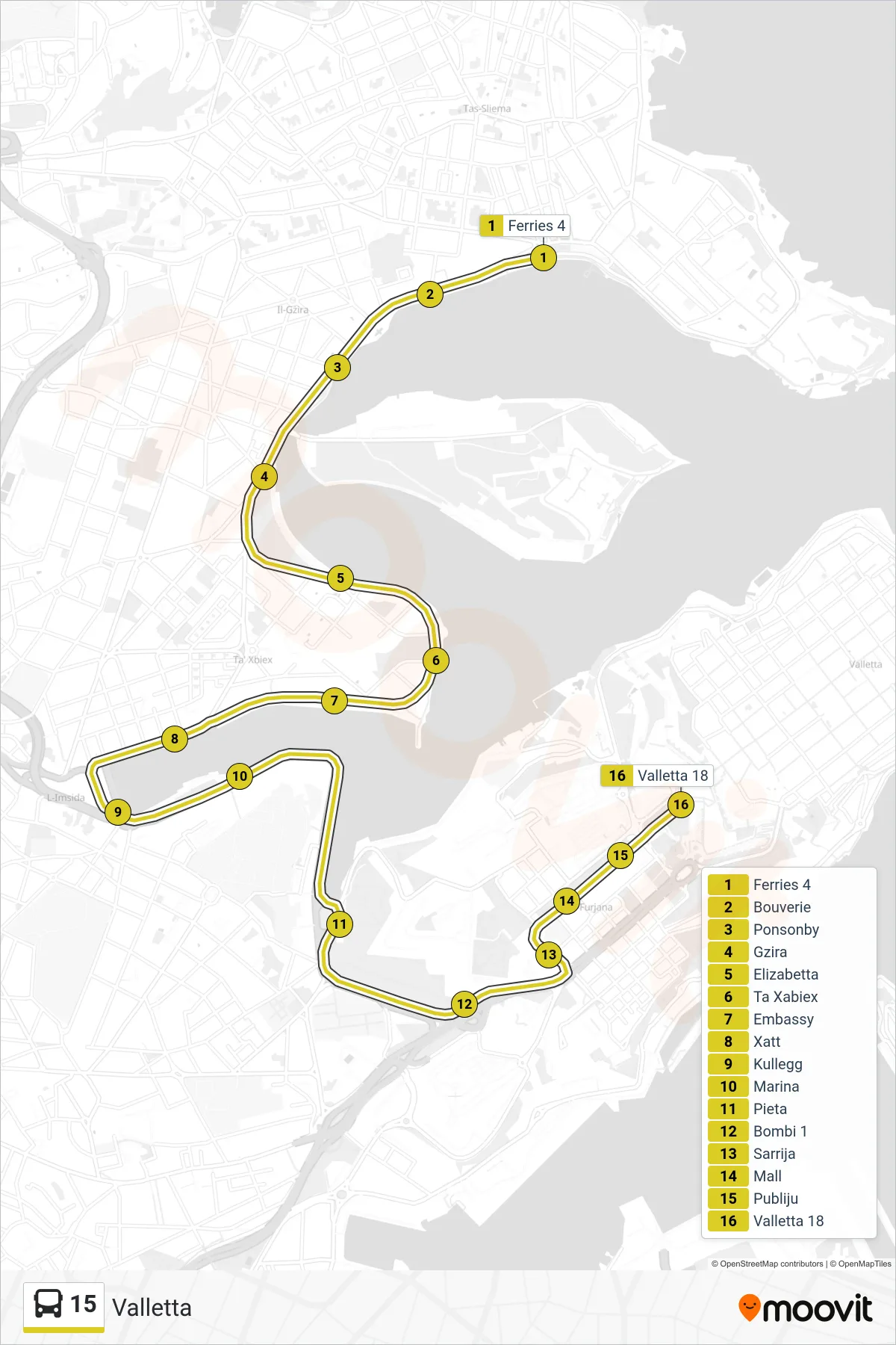 Linea 15  bus (Valletta) - Percorsi e fermate sulla mappa