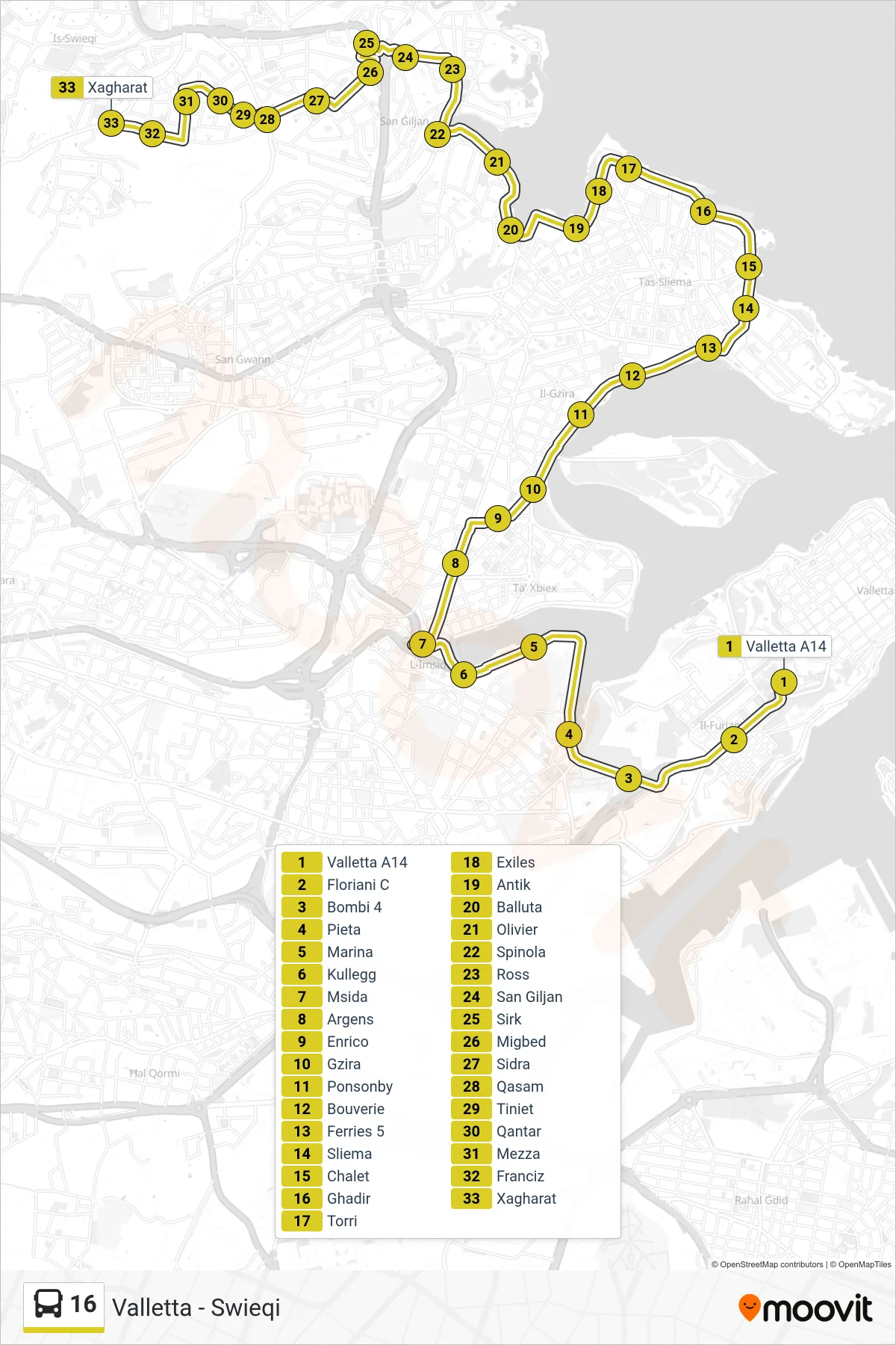 Linea 16  bus (Swieqi) - Percorsi e fermate sulla mappa