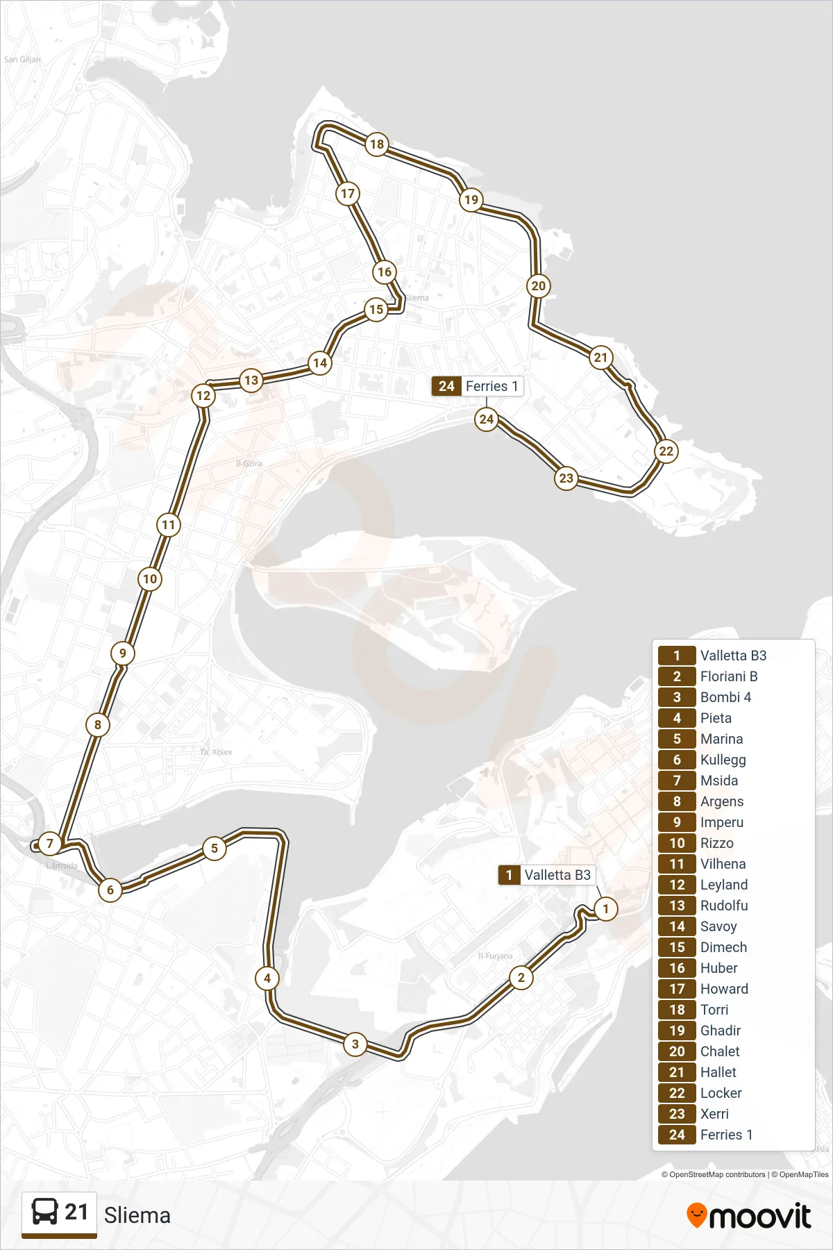 Linea 21  bus (Sliema) - Percorsi e fermate sulla mappa