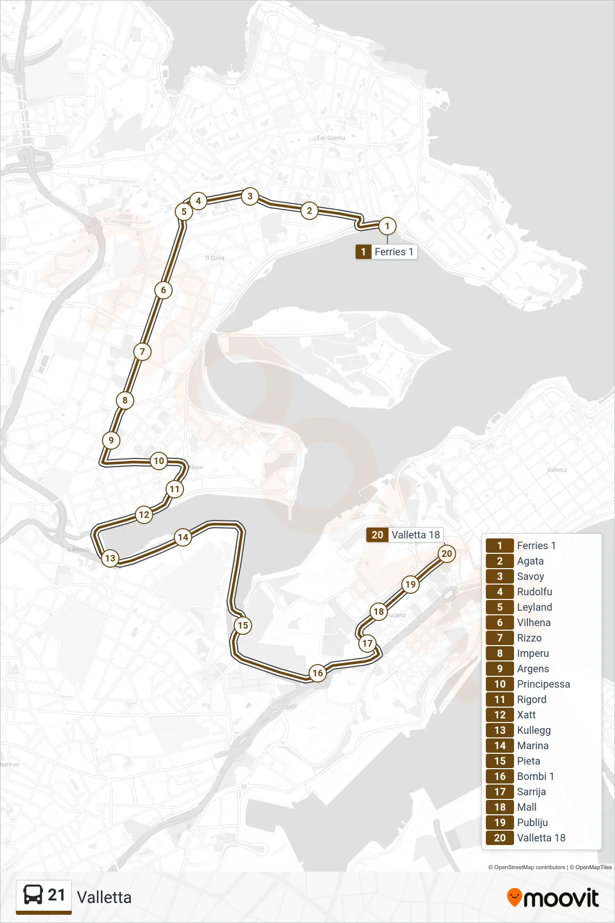 Linea 21 bus (Valletta) - Percorsi e fermate sulla mappa