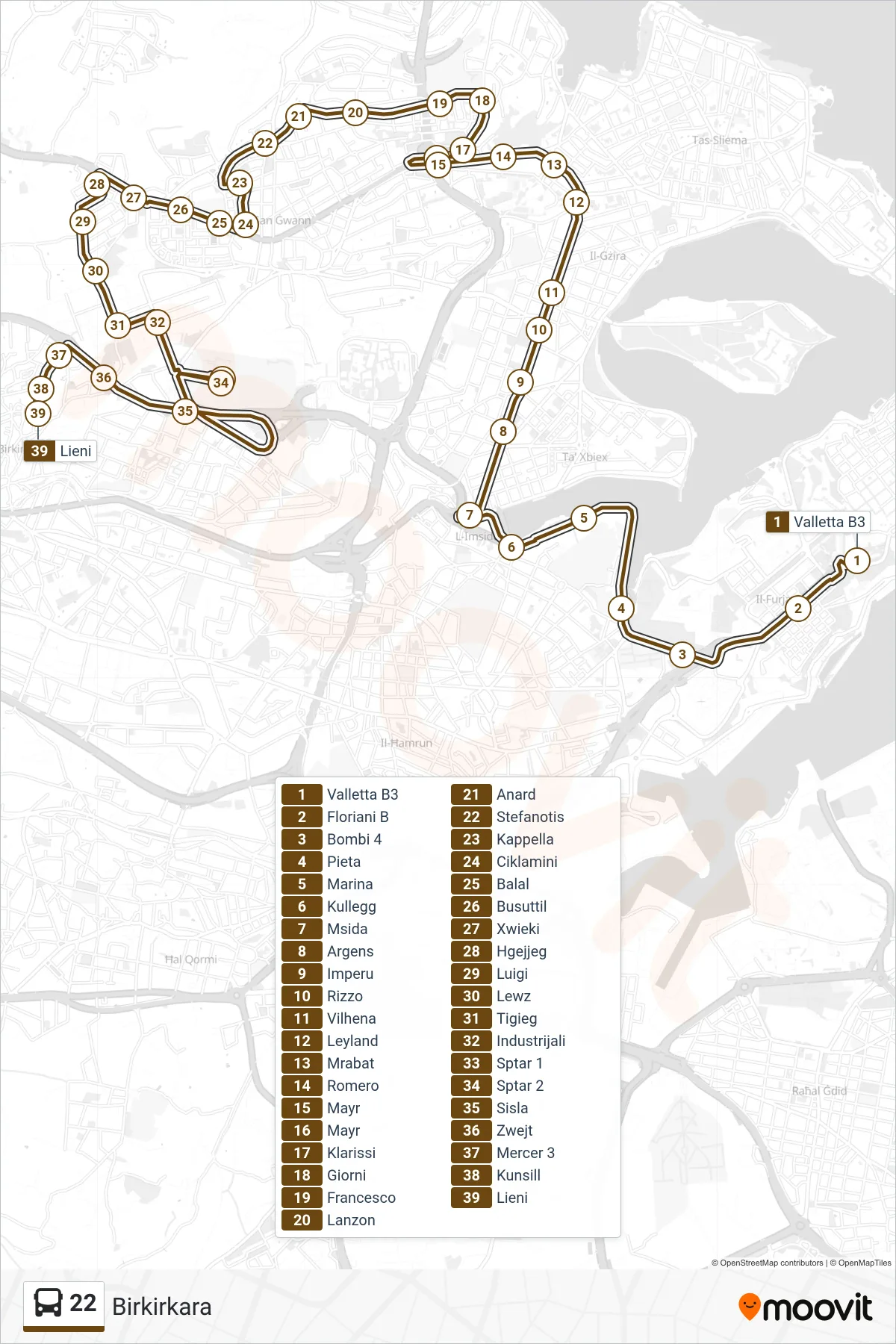 Linea 22  bus (Birkirkara) - Percorsi e fermate sulla mappa