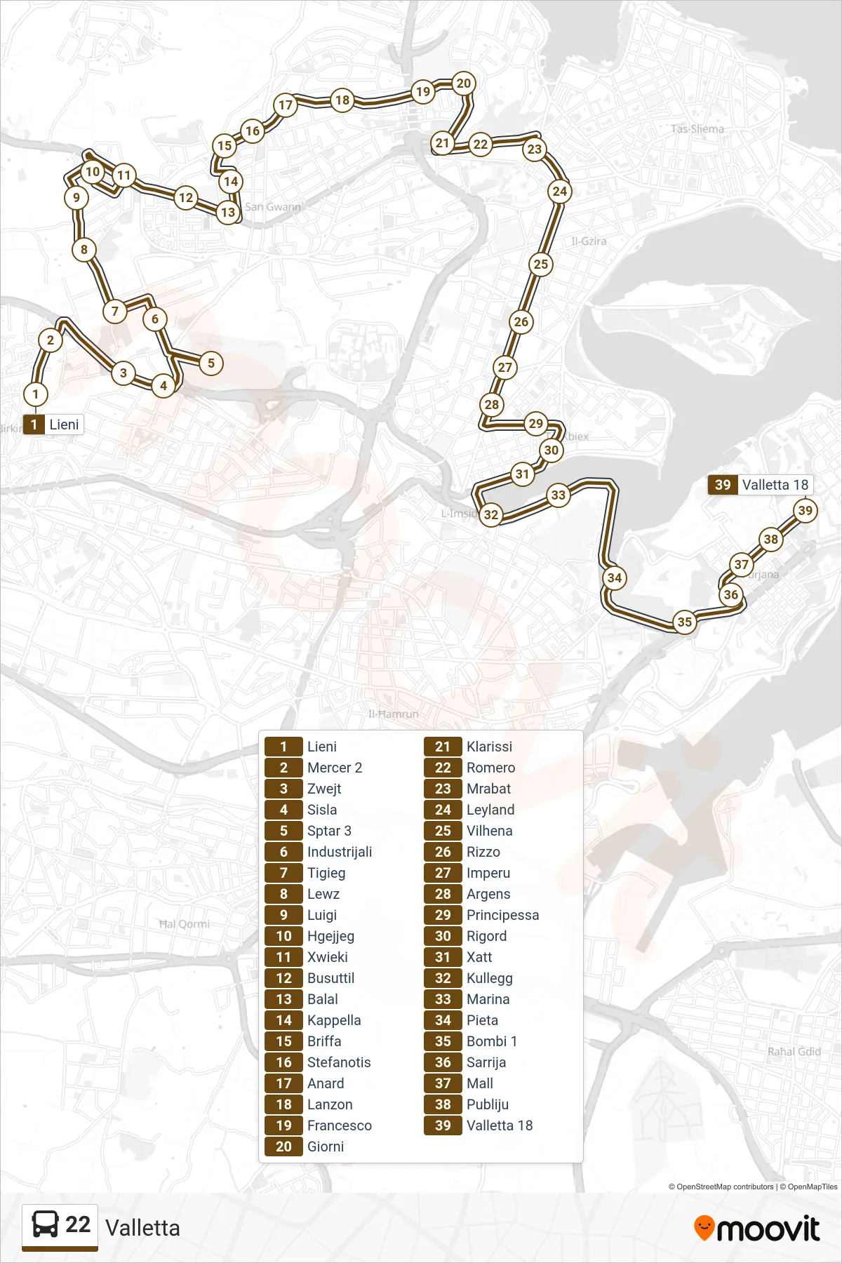 Linea 22 bus (Valletta) - Percorsi e fermate sulla mappa