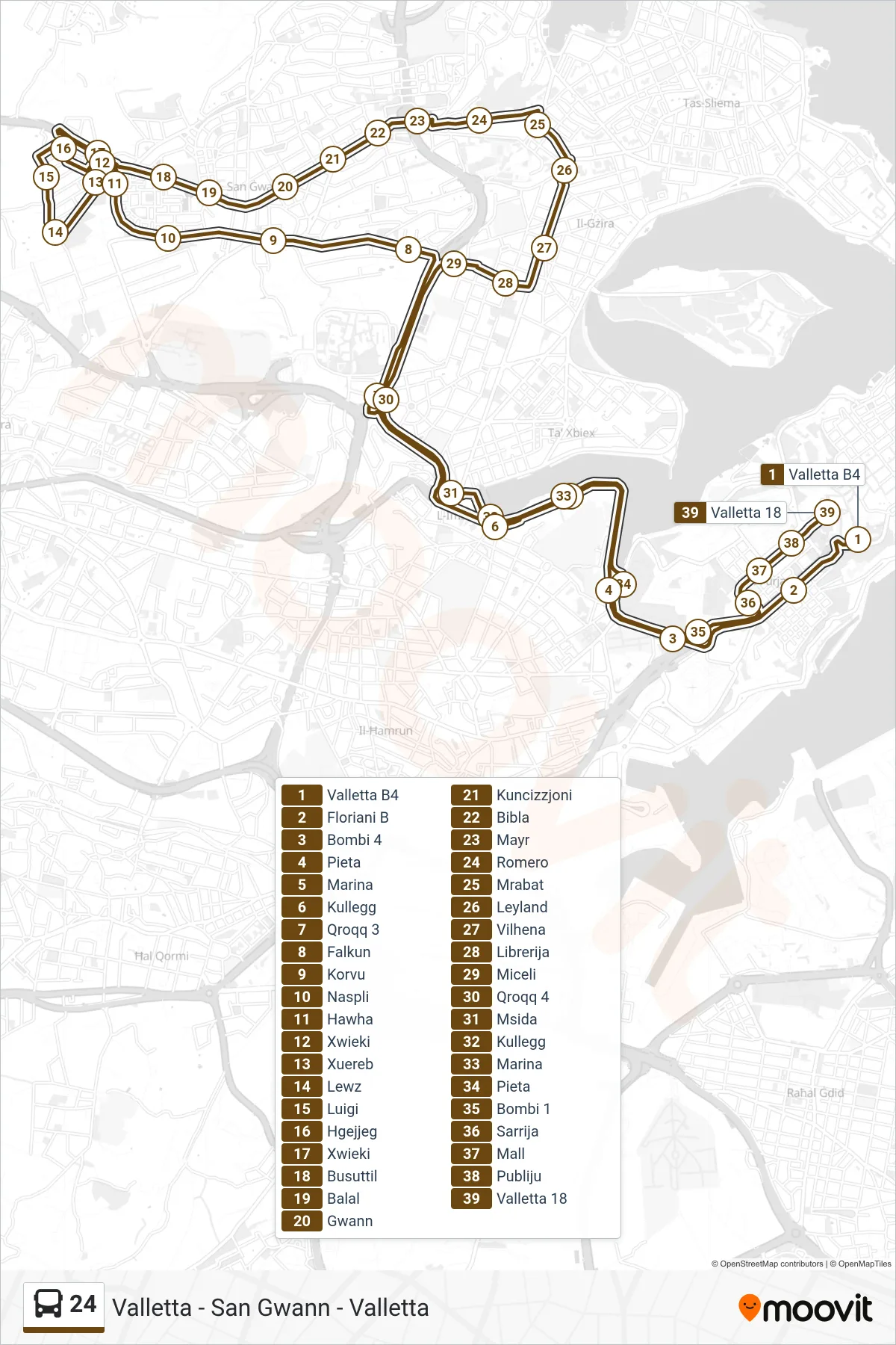Linea 24 bus (Valletta - San Gwann - Valletta) - Percorsi e fermate sulla mappa
