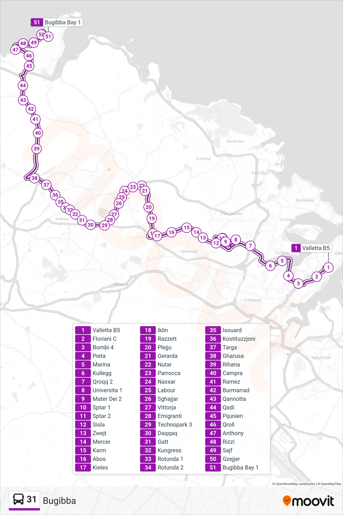 Linea 31  bus (Bugibba) - Percorsi e fermate sulla mappa