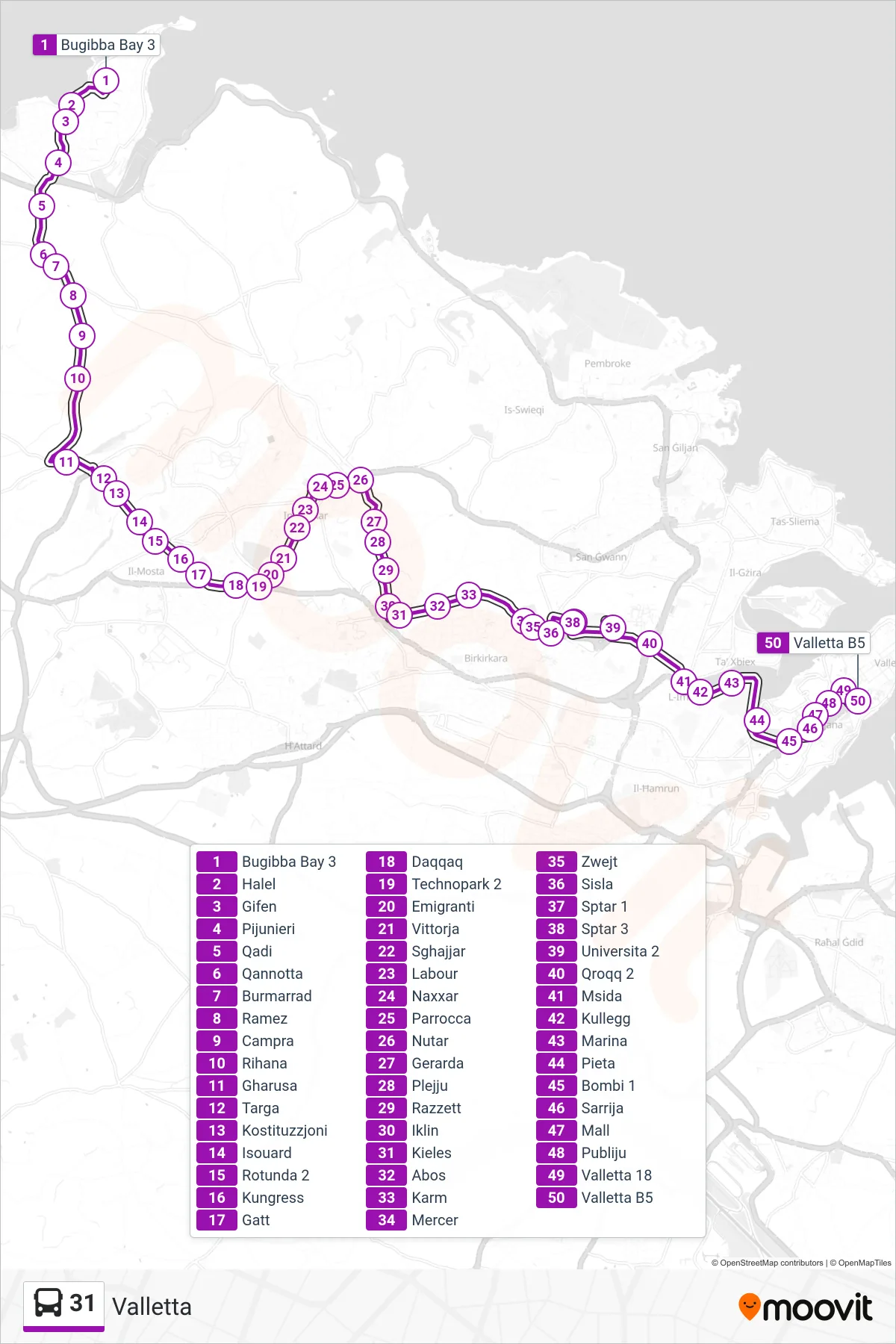 Linea 31 bus (Valletta) - Percorsi e fermate sulla mappa