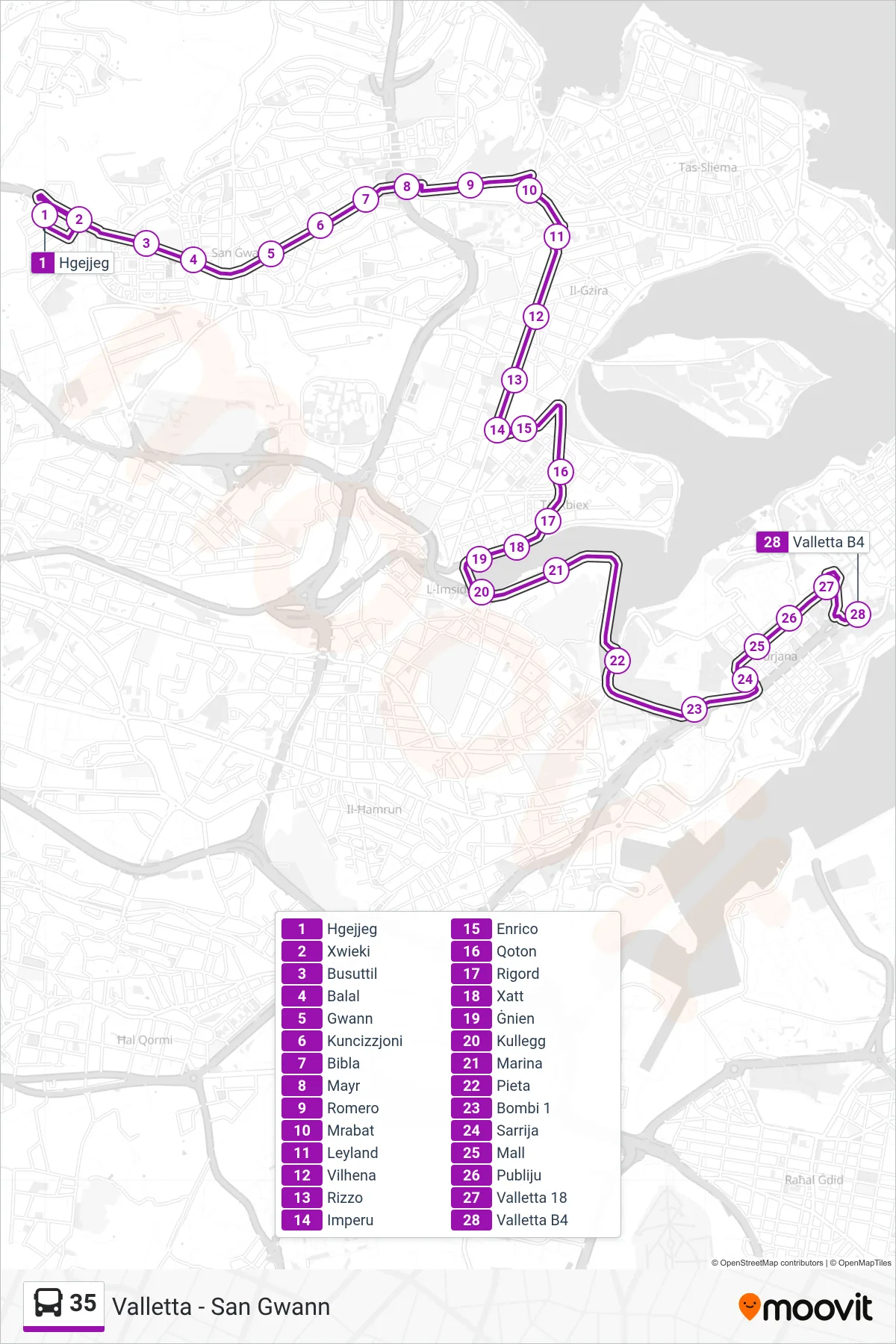 Linea 35 bus (Valletta) - Percorsi e fermate sulla mappa