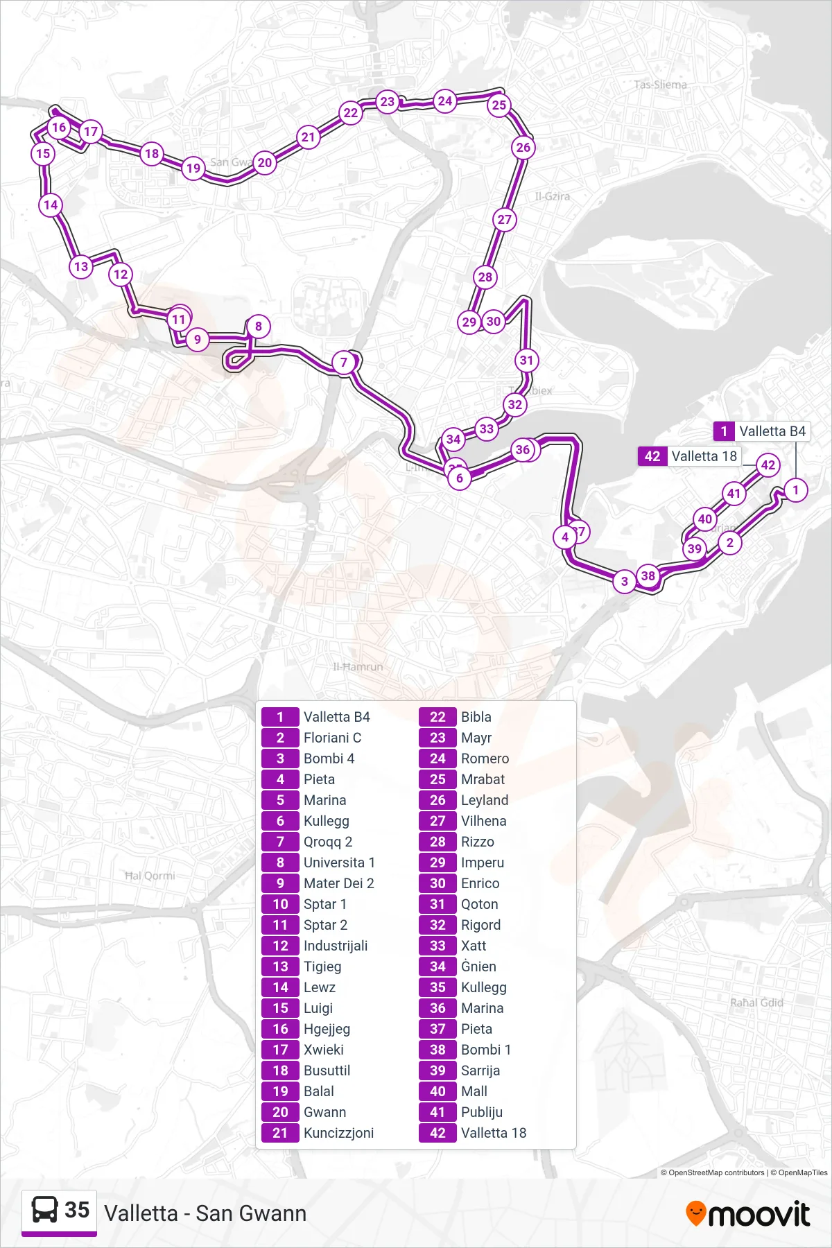Linea 35  bus (Valletta - San Gwann - Valletta) - Percorsi e fermate sulla mappa