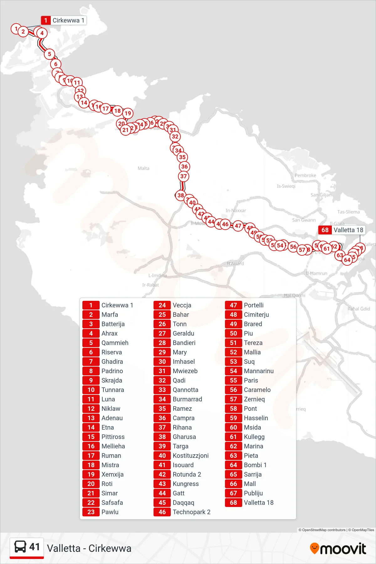 Linea 41 bus (Valletta) - Percorsi e fermate sulla mappa