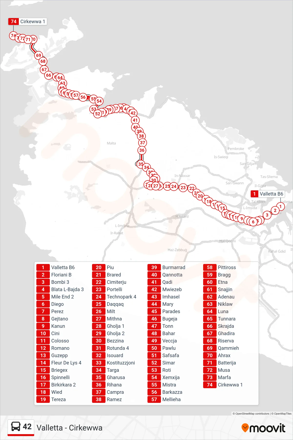 Linea 42  bus (Cirkewwa) - Percorsi e fermate sulla mappa