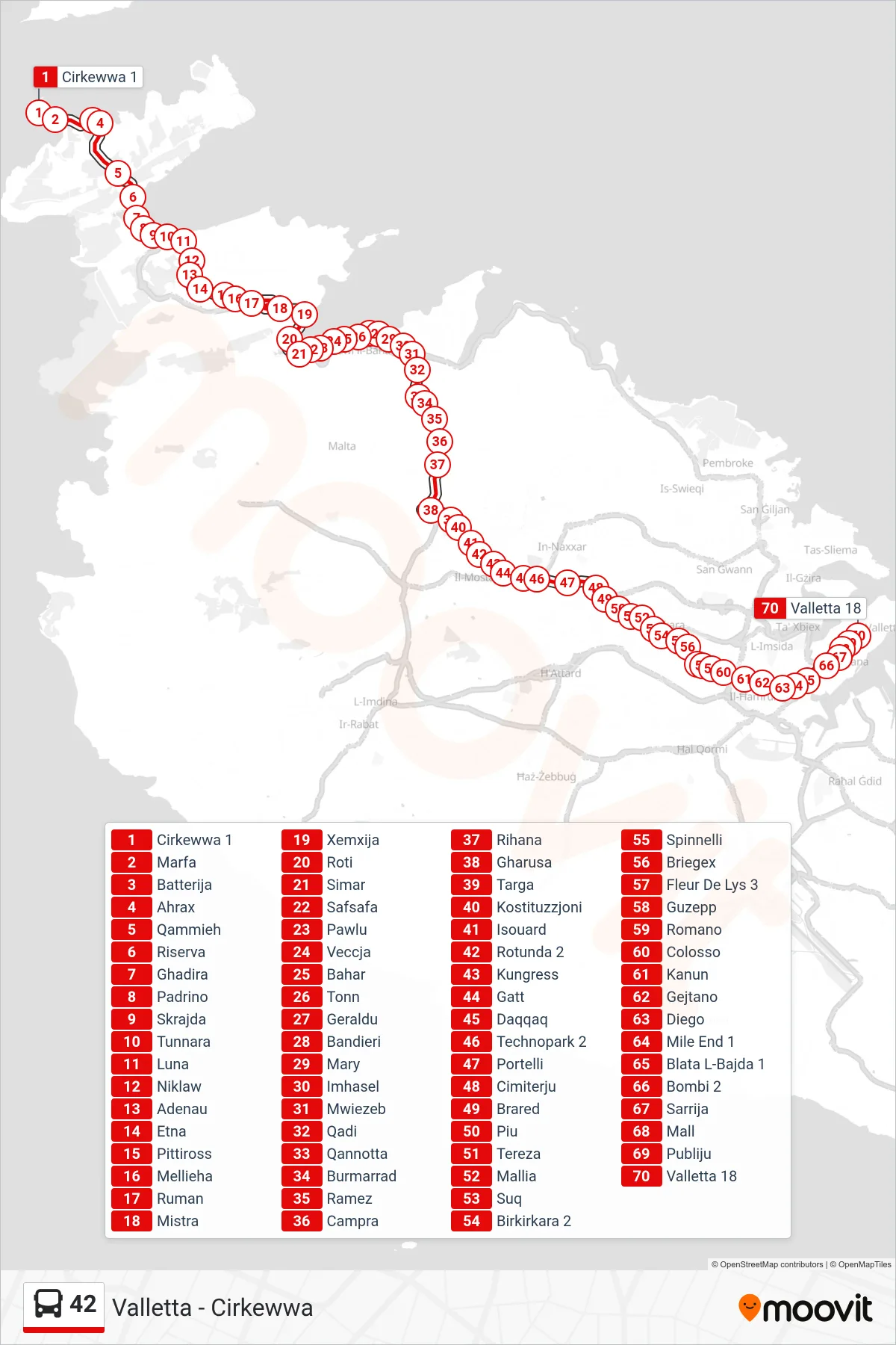 Linea 42 bus (Valletta) - Percorsi e fermate sulla mappa