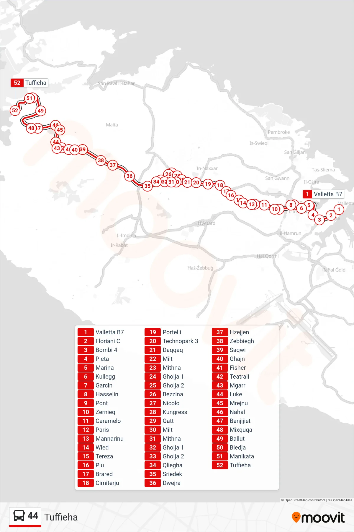 Linea 44 bus (Tuffieha) - Percorsi e fermate sulla mappa