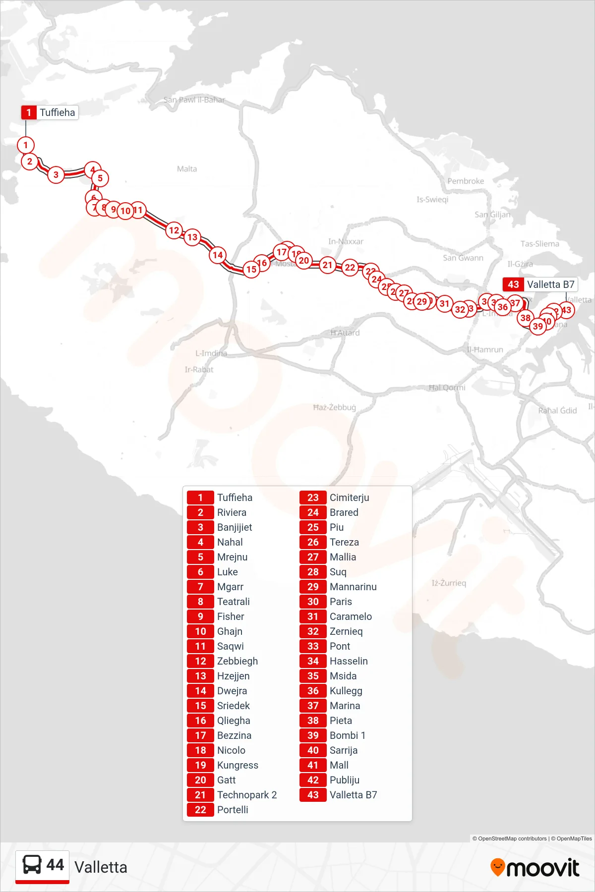 Linea 44 bus (Valletta) - Percorsi e fermate sulla mappa