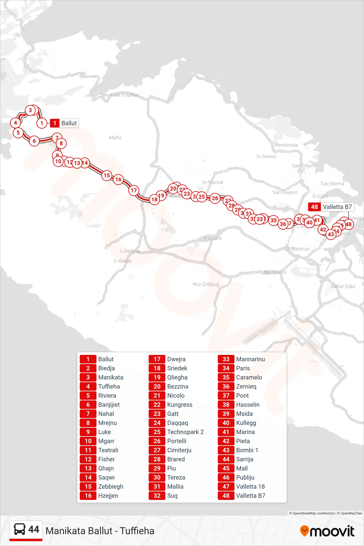Linea 44 bus (Manikata Ballut - Tuffieha) - Percorsi e fermate sulla mappa