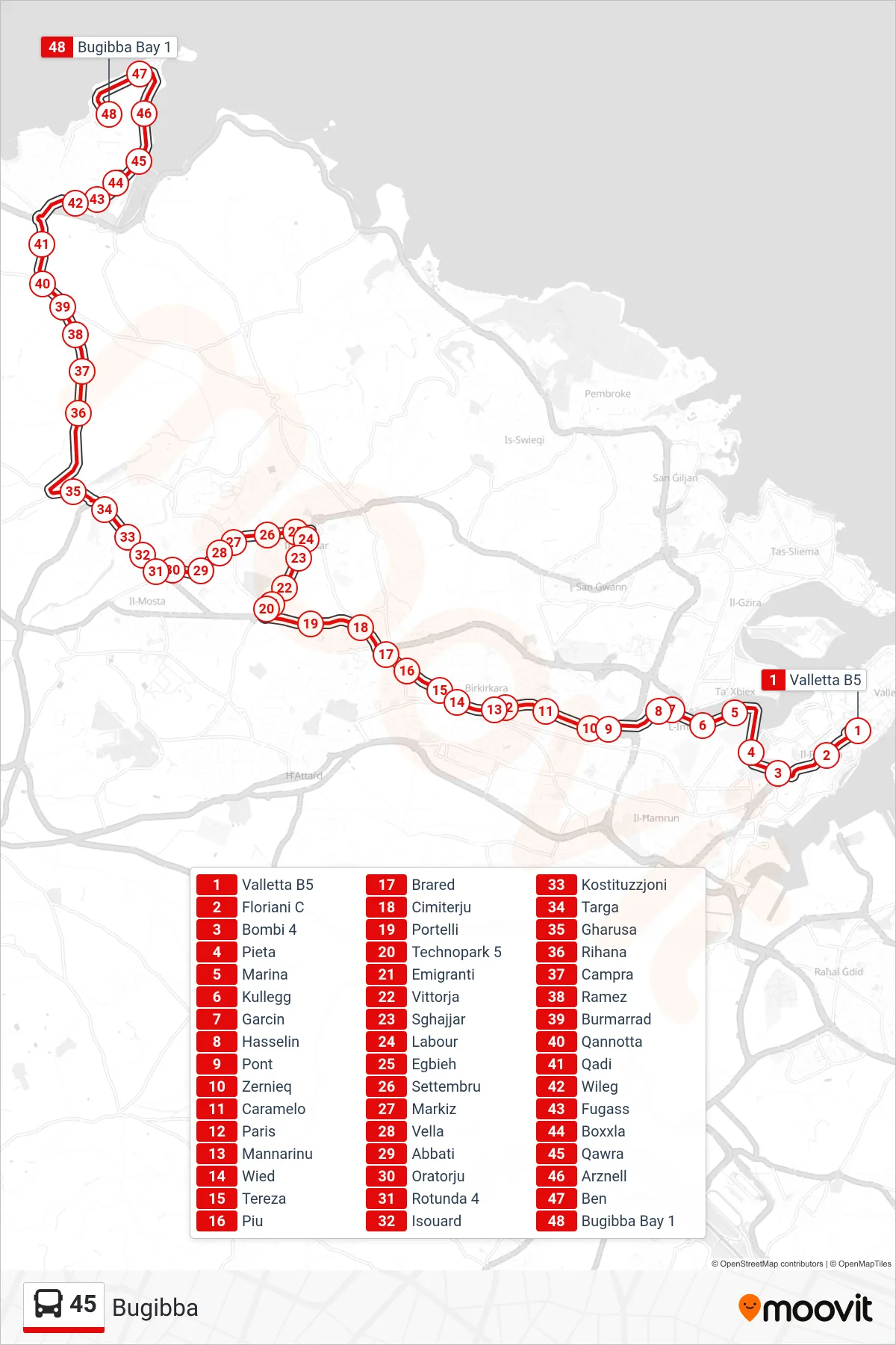 Linea 45 bus (Bugibba) - Percorsi e fermate sulla mappa