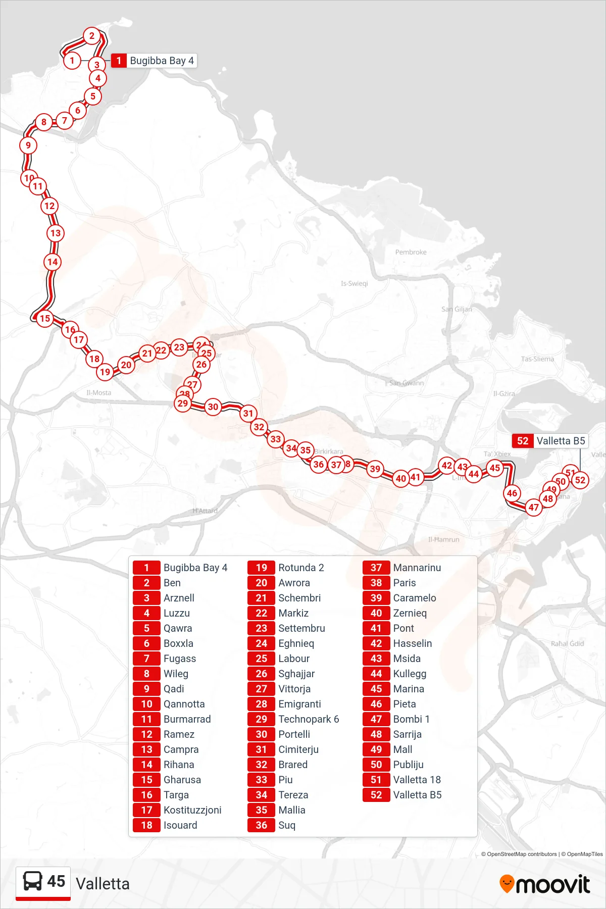 Linea 45 bus (Valletta) - Percorsi e fermate sulla mappa
