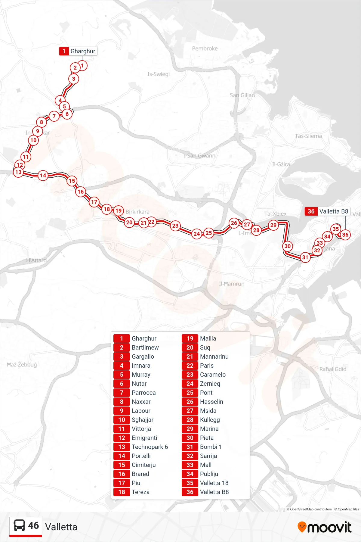 Linea 46 bus (Valletta) - Percorsi e fermate sulla mappa