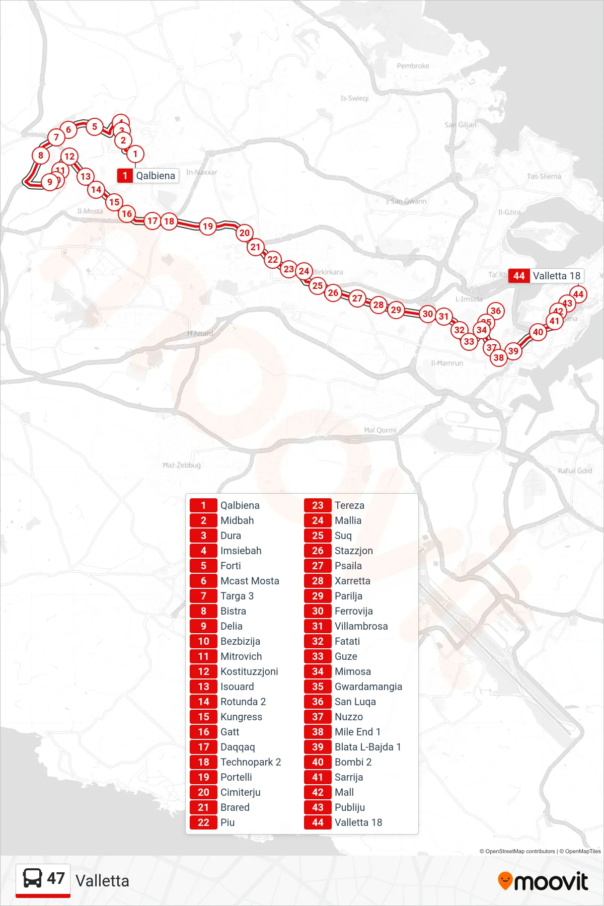 Linea 47  bus (Valletta) - Percorsi e fermate sulla mappa