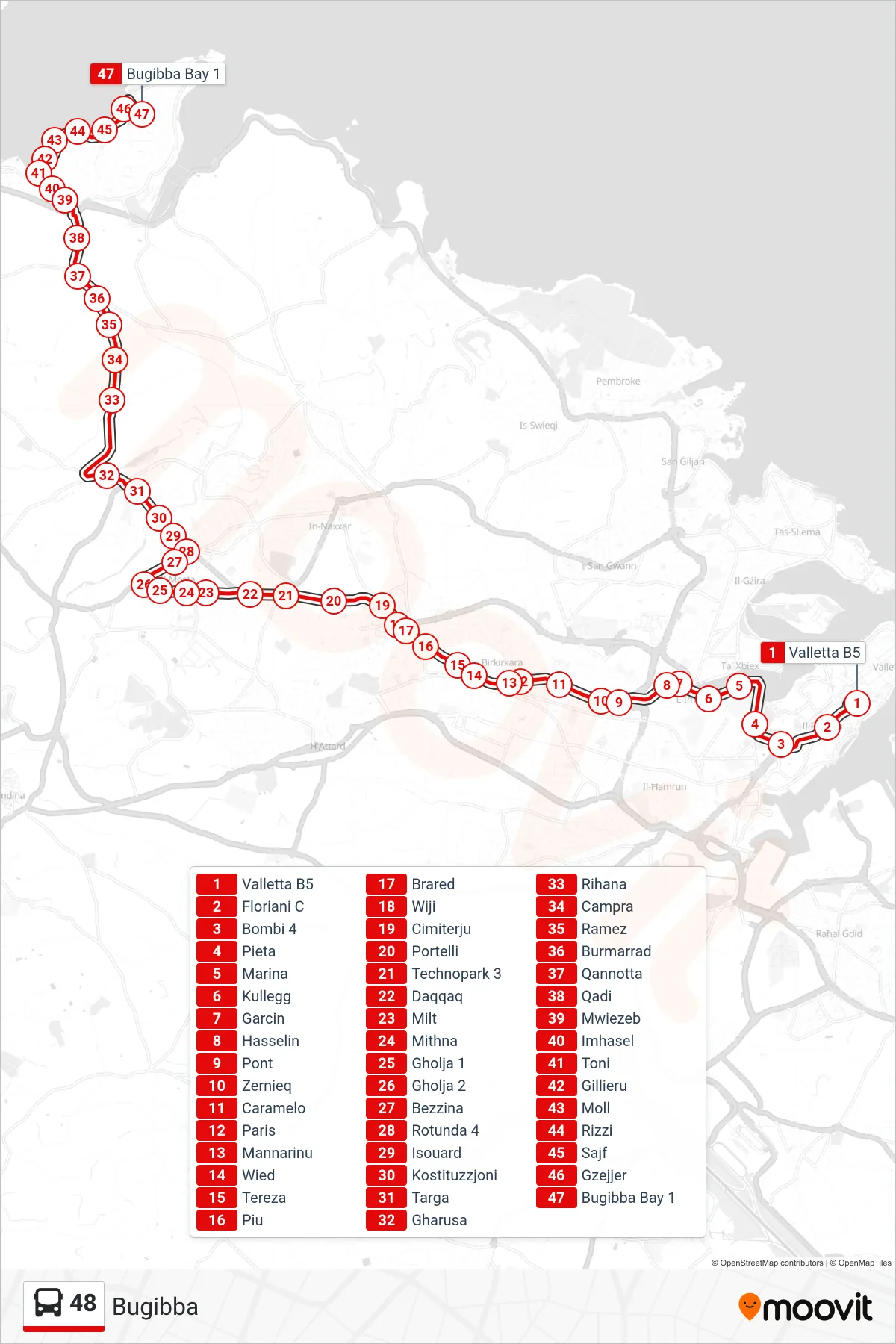 Linea 48  bus (Bugibba) - Percorsi e fermate sulla mappa