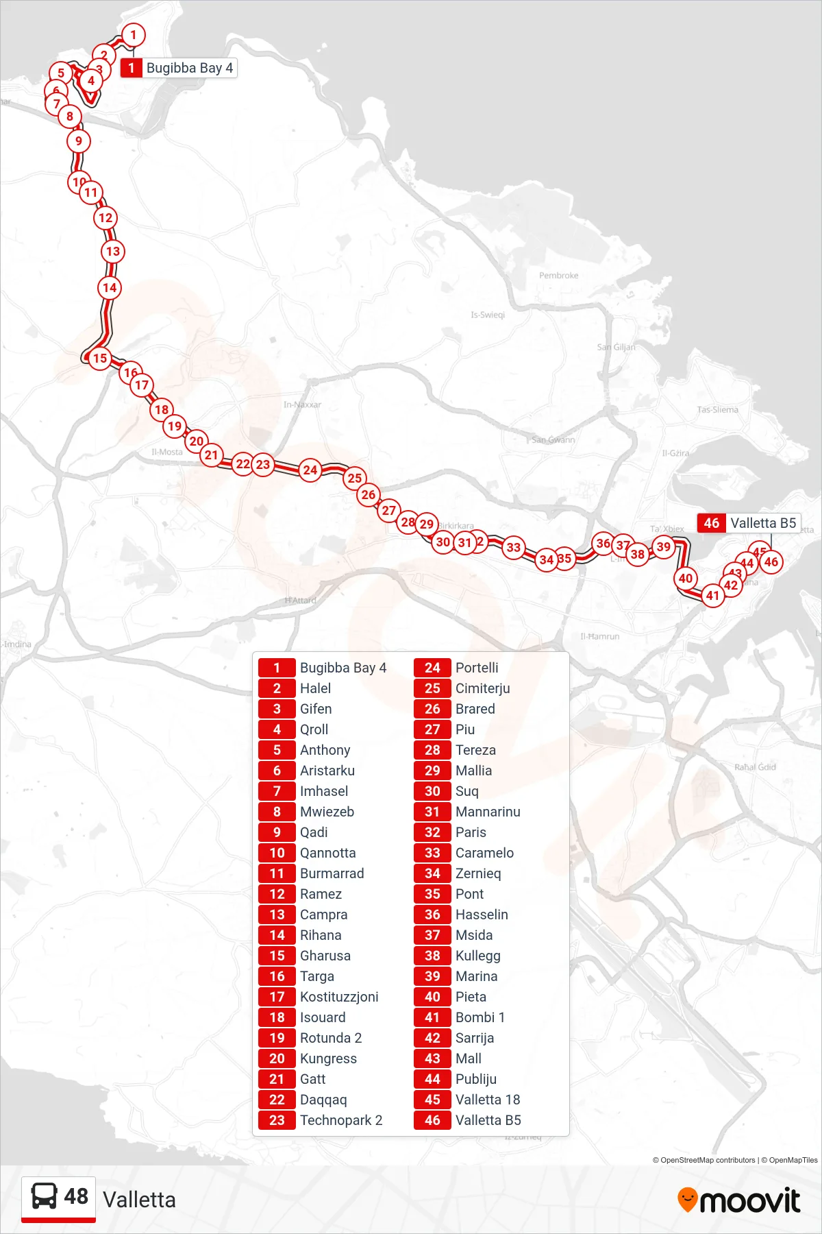 Linea 48 bus (Valletta) - Percorsi e fermate sulla mappa