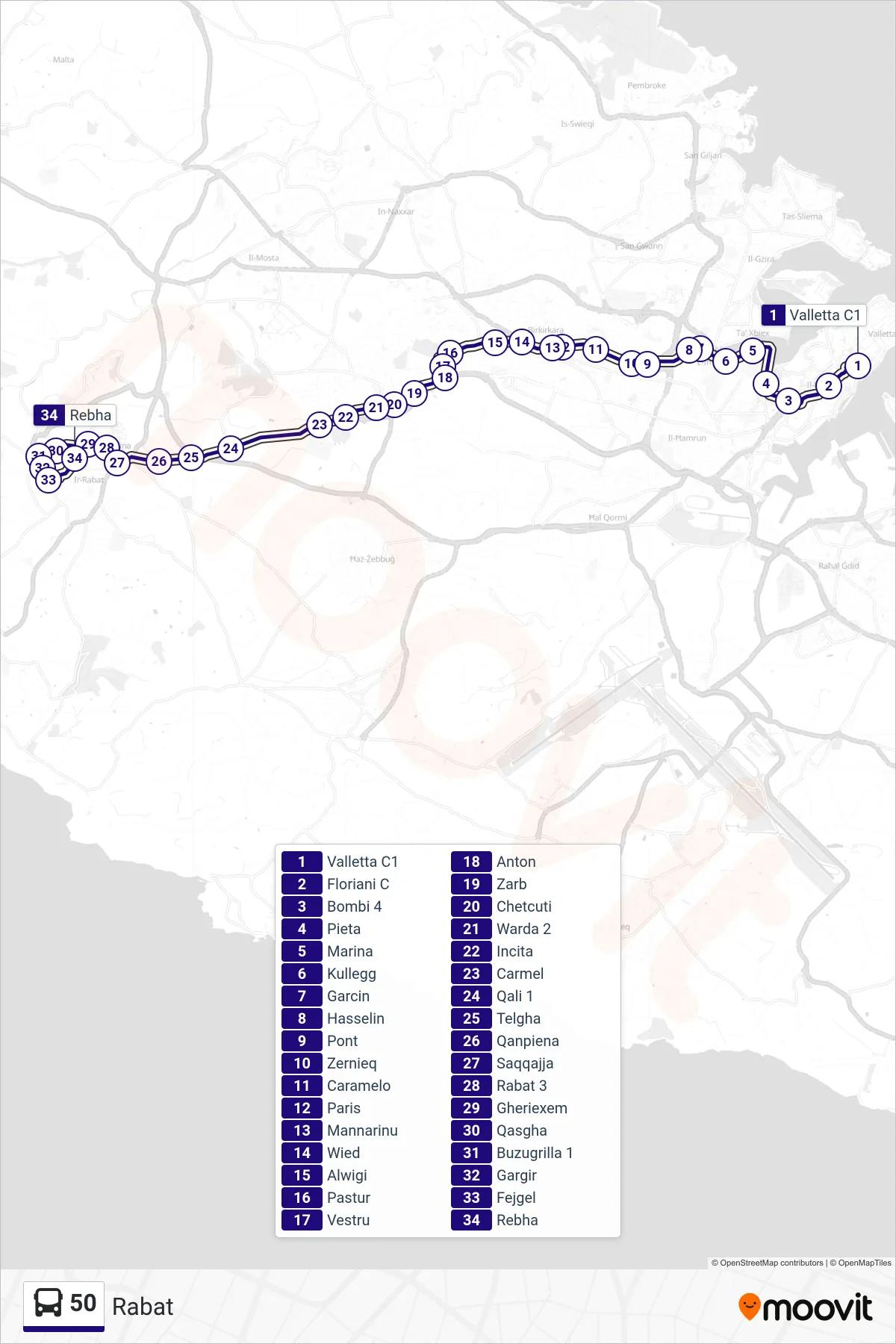 Linea 50 bus (Rabat) - Percorsi e fermate sulla mappa