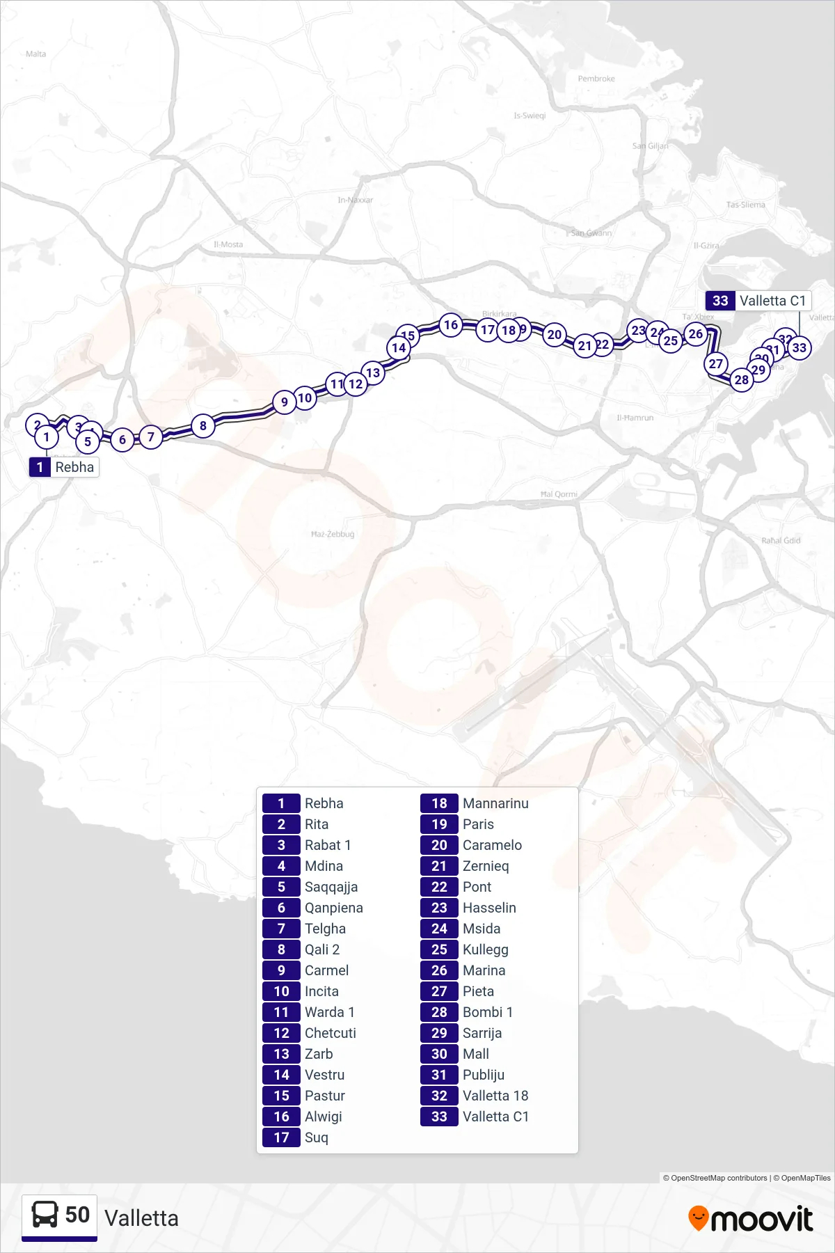 Linea 50 bus (Valletta) - Percorsi e fermate sulla mappa