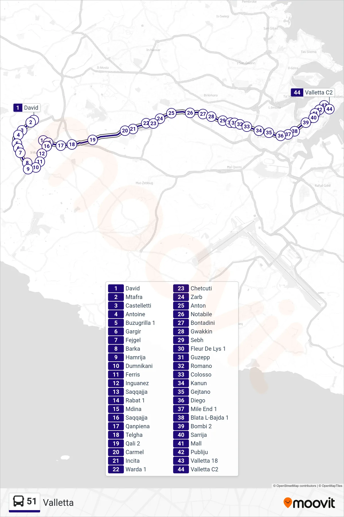 Linea 51 bus (Valletta) - Percorsi e fermate sulla mappa