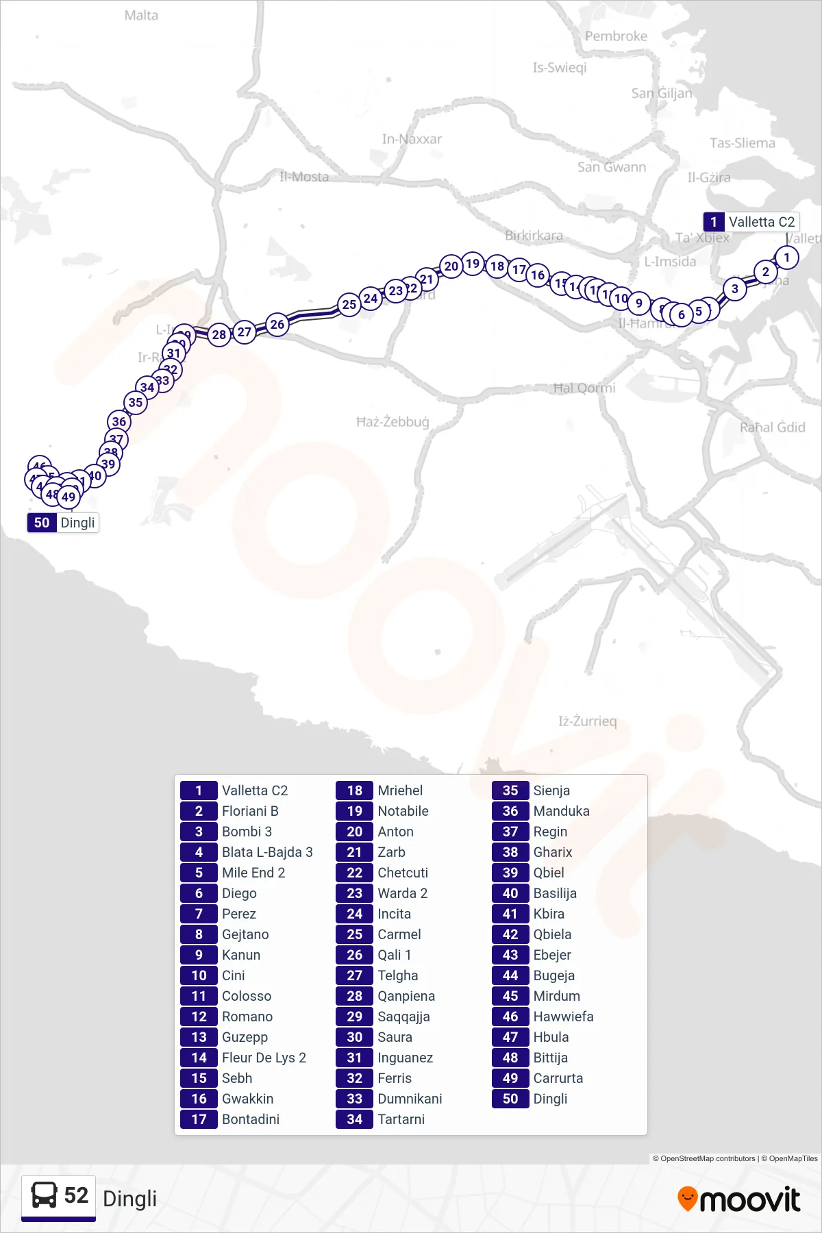 Linea 52  bus (Dingli) - Percorsi e fermate sulla mappa