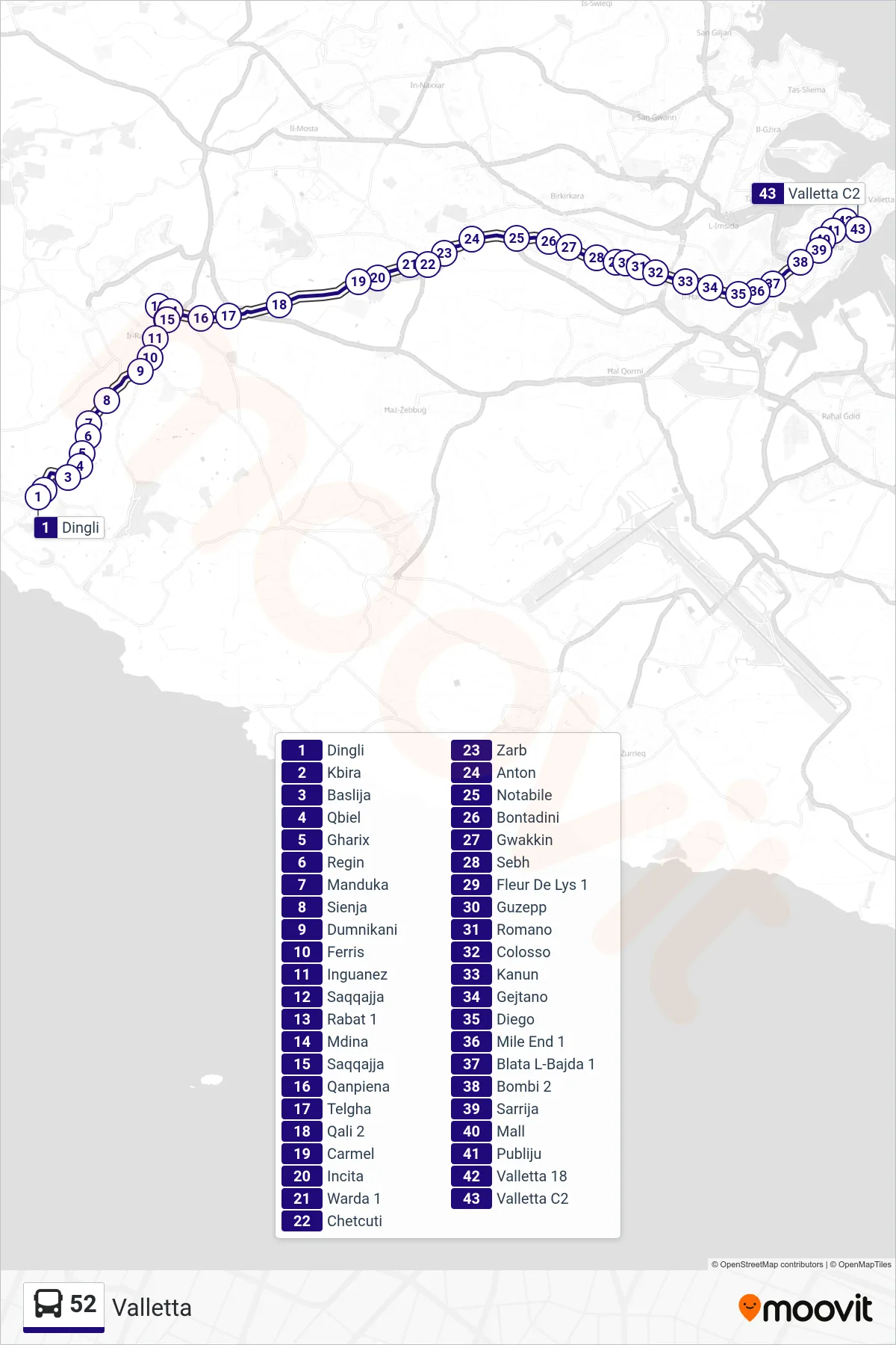 Linea 52 bus (Valletta) - Percorsi e fermate sulla mappa