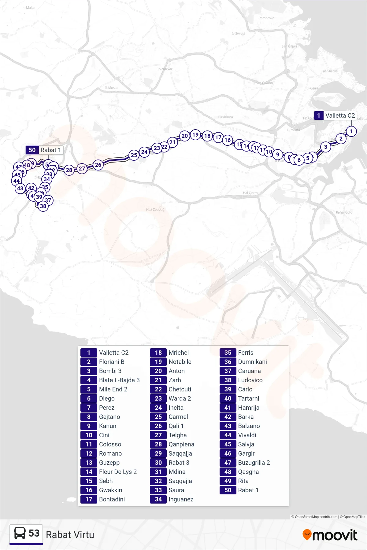 Linea 53  bus (Rabat Virtu) - Percorsi e fermate sulla mappa