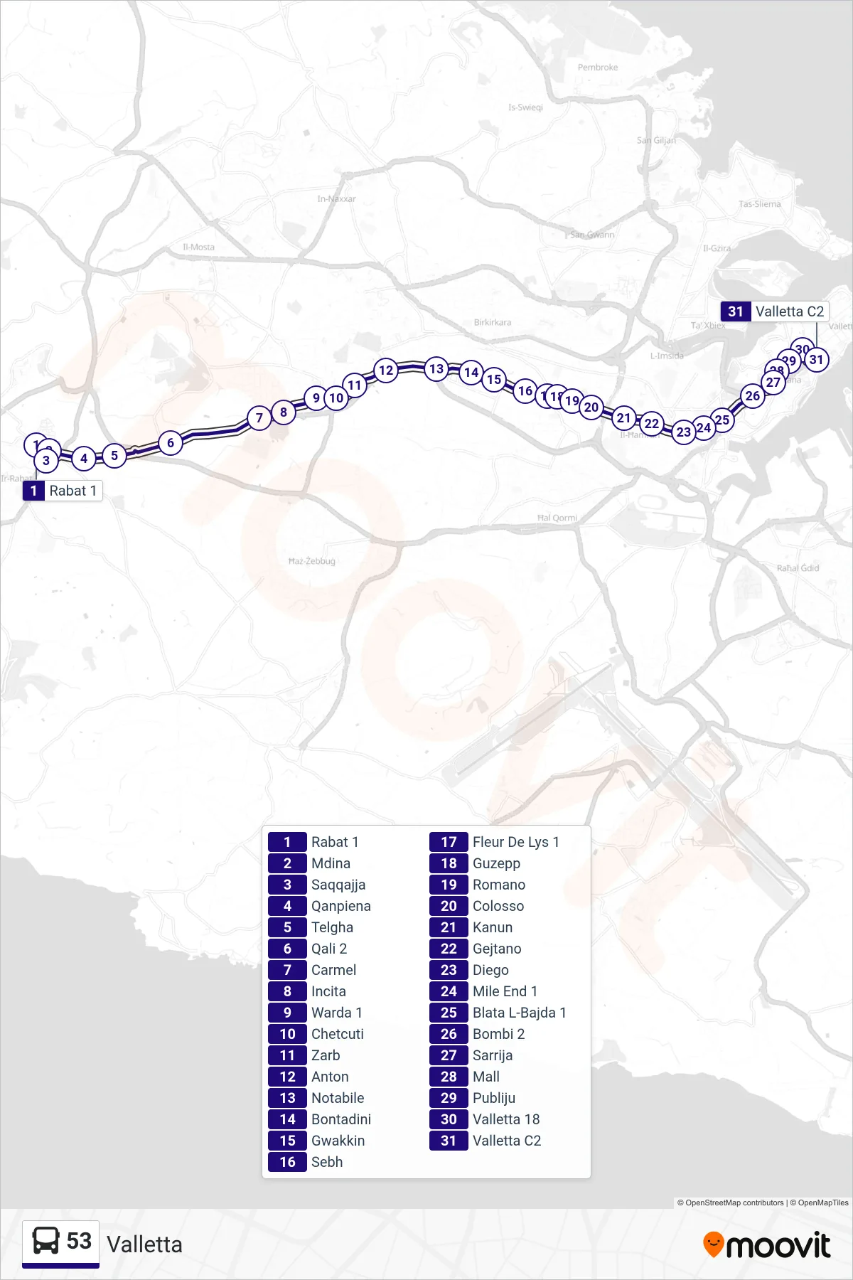 Linea 53 bus (Valletta) - Percorsi e fermate sulla mappa