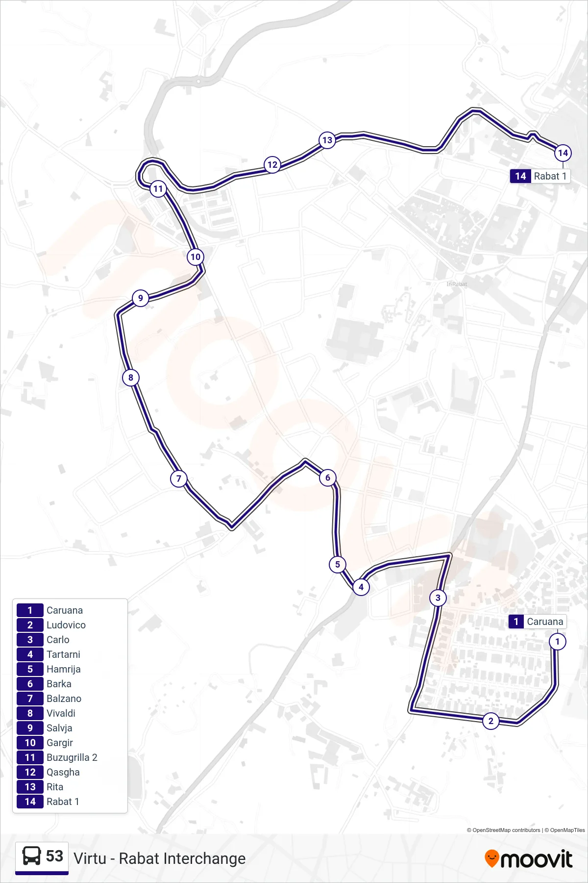 Linea 53 bus (Virtu - Rabat Interchange) - Percorsi e fermate sulla mappa