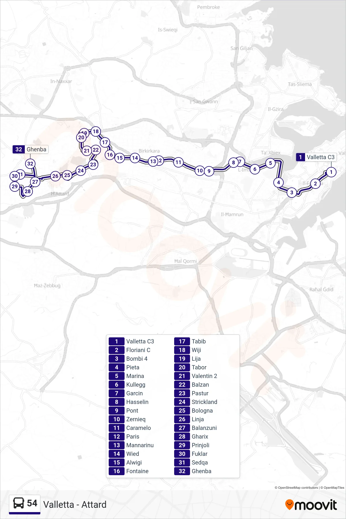 Linea 54  bus (Attard) - Percorsi e fermate sulla mappa