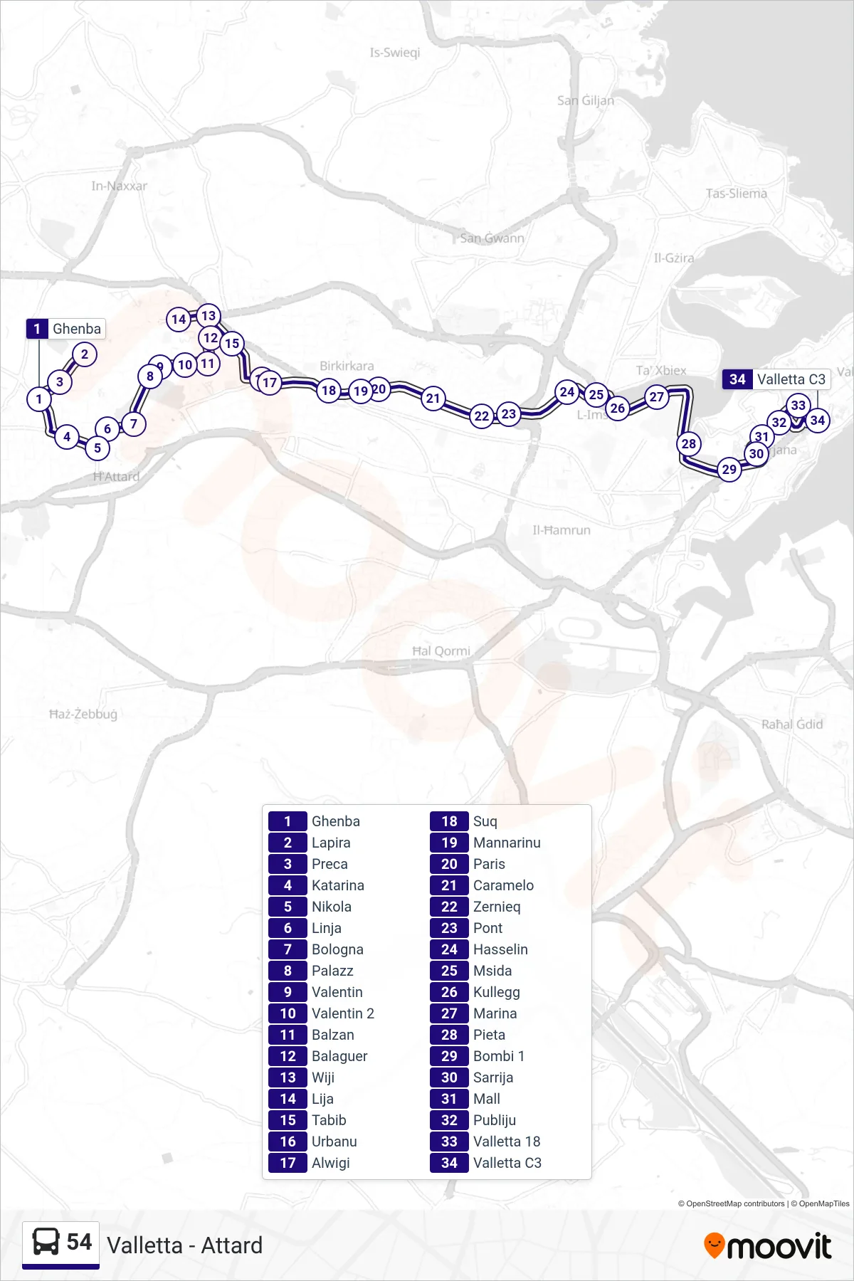 Linea 54 bus (Valletta) - Percorsi e fermate sulla mappa