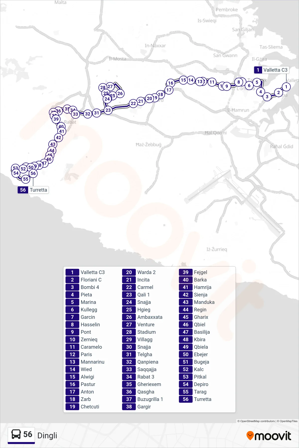 Linea 56  bus (Dingli) - Percorsi e fermate sulla mappa
